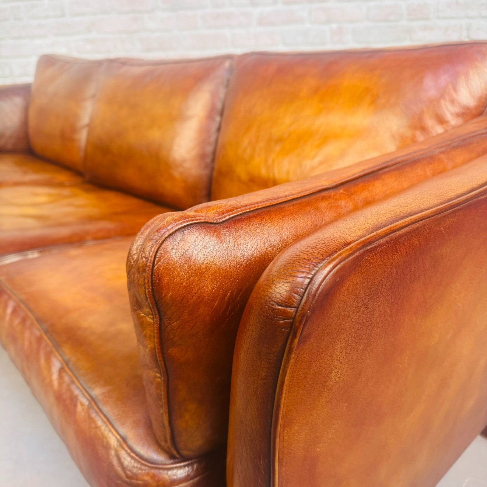 Vintage Long 70s Danish Mogens Hansen Tan Leather 3 Seater Sofa Feather Cushions