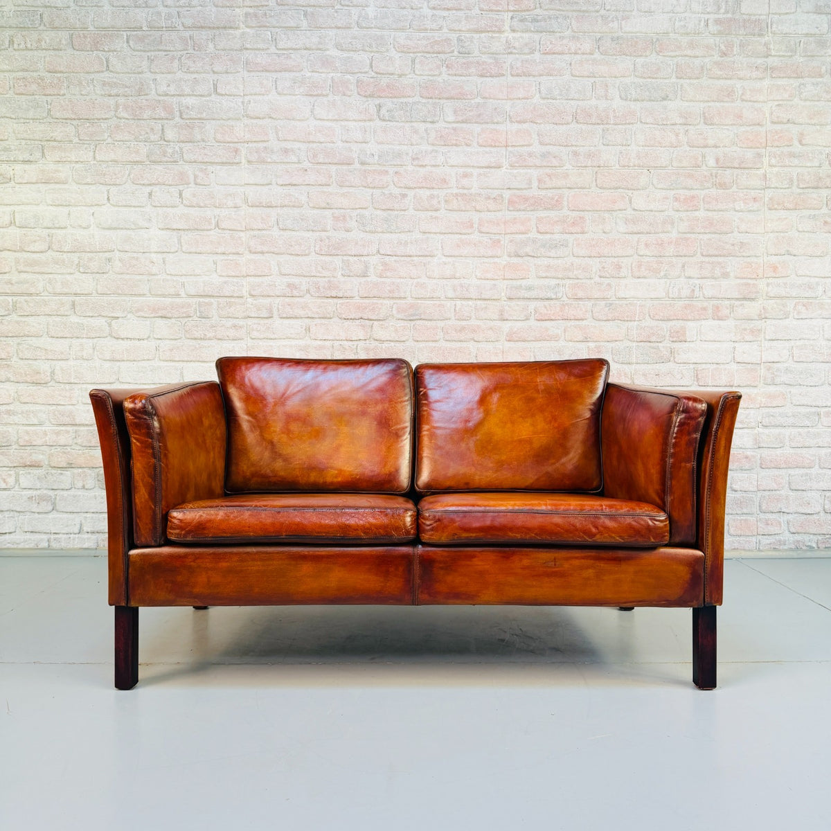 Vintage Danish Tan Leather 2 Seater Sofa – Mid Century Modern Hand Dyed Patina