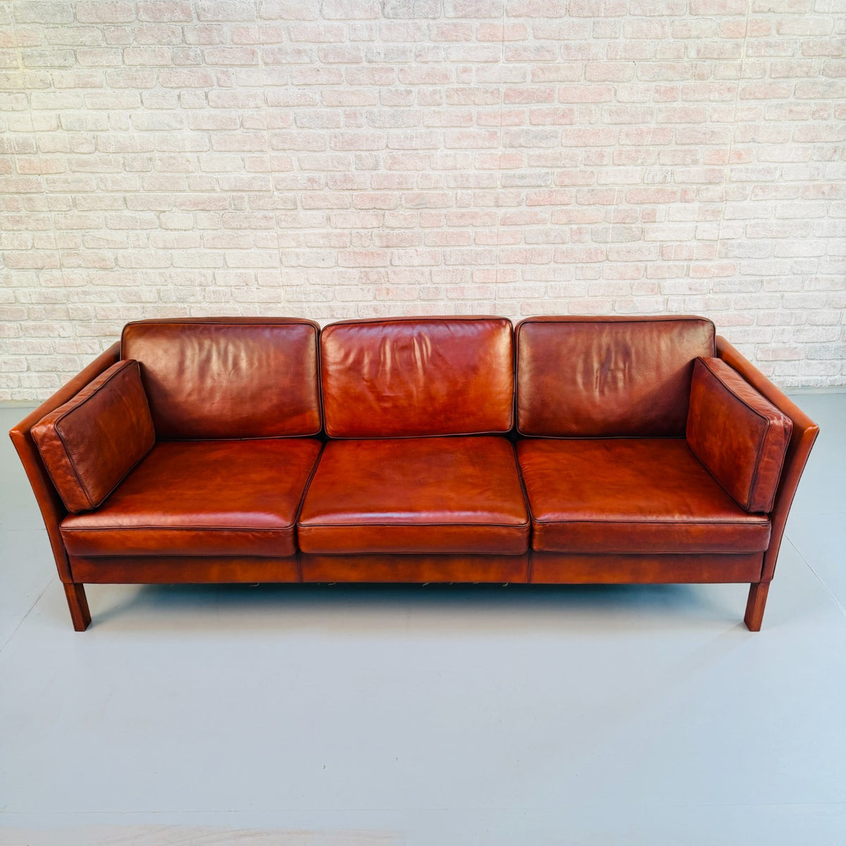 1970s Vintage Danish Tan Cognac Leather 3 Seater Sofa – Hand Dyed Patina