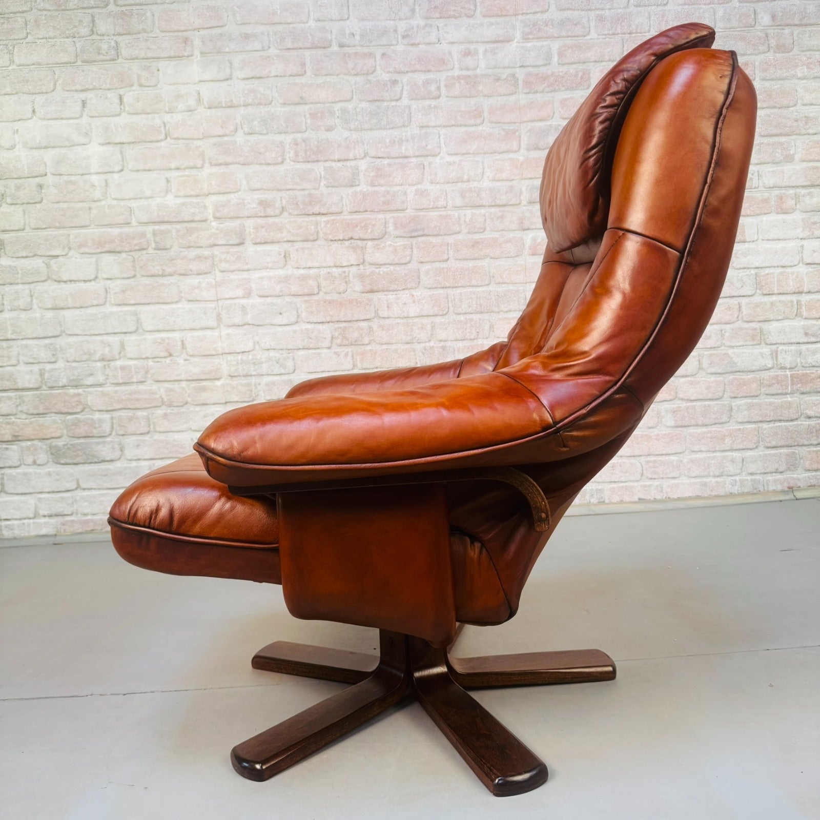 Vintage Danish Tan Leather Reclining Chair & Matching Footstool
