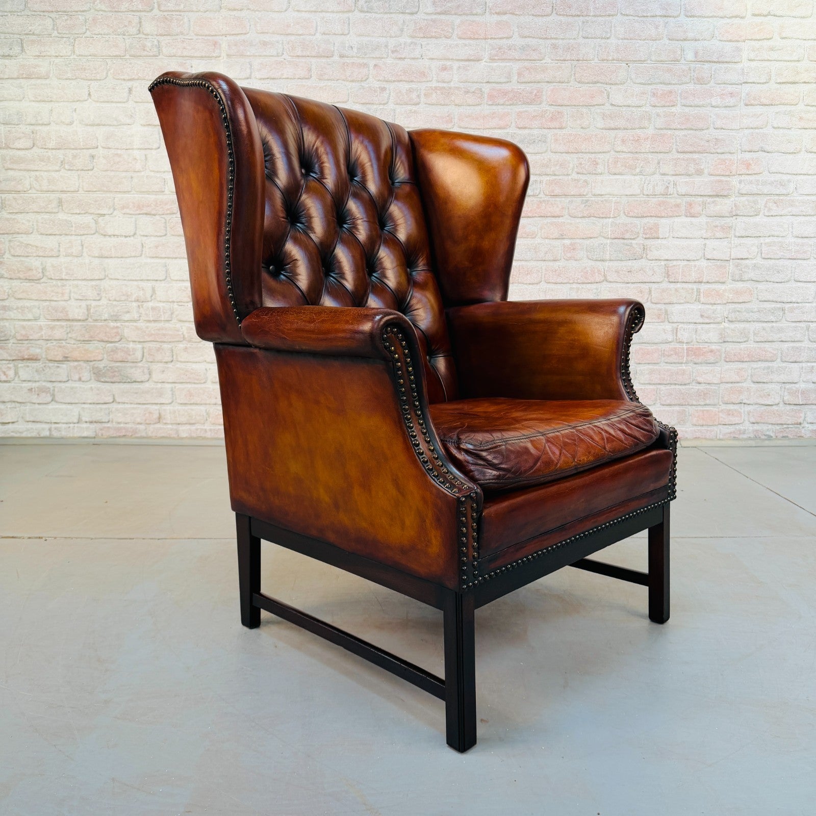 Vintage Danish Tan Hand-Dyed Leather Wingback Chair