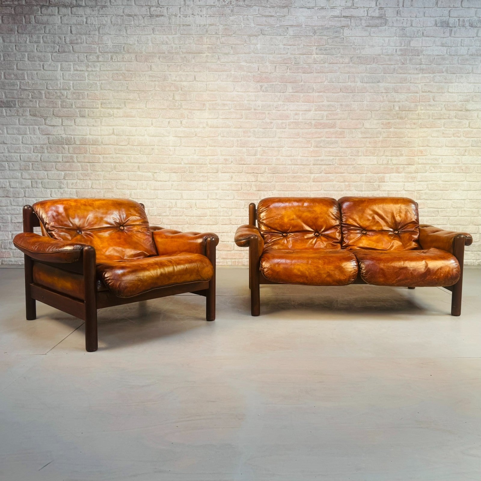 Vintage 1970s Swedish Arne Norell Two-Seater Sofa & Chair Tan Leather Set