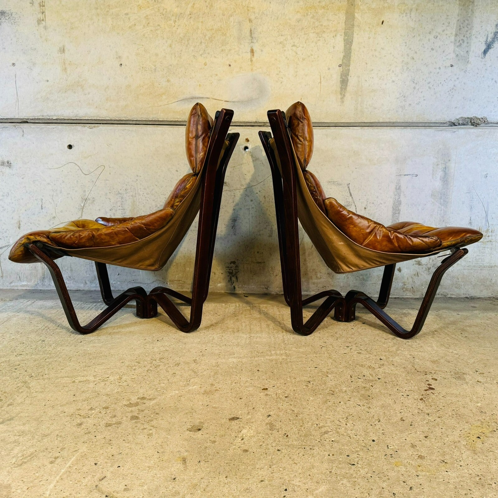 Vintage Pair of 70s Scandinavian Viking Chairs by Jim Myrstad Tan Leather
