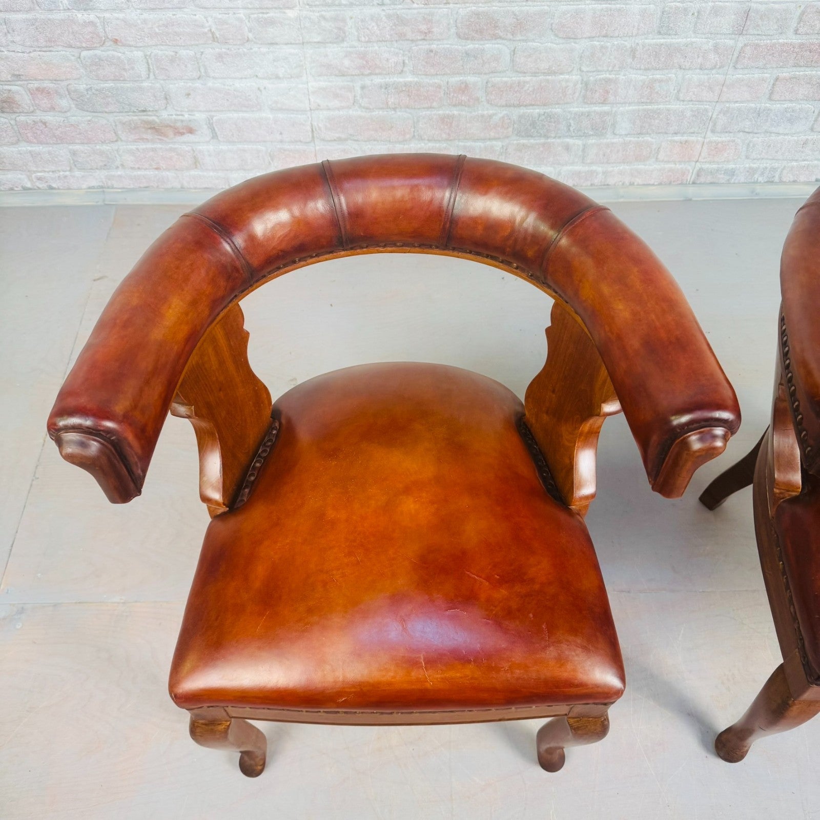 Pair of 40s Antique Danish Tan Leather Partner’s Desk Chairs Walnut Frame