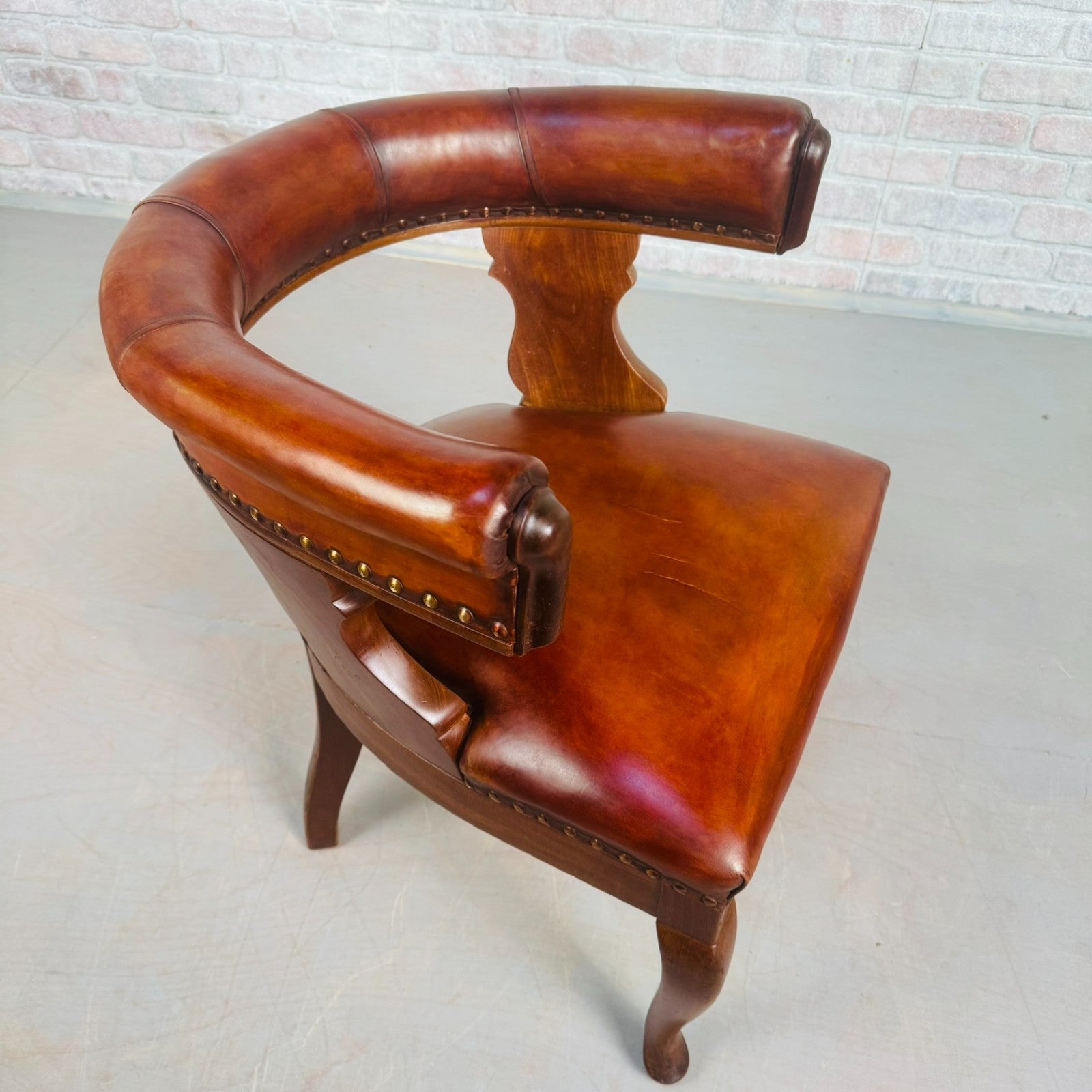 1940s Antique Danish Tan Leather Partner’s Desk Chair - Walnut Frame