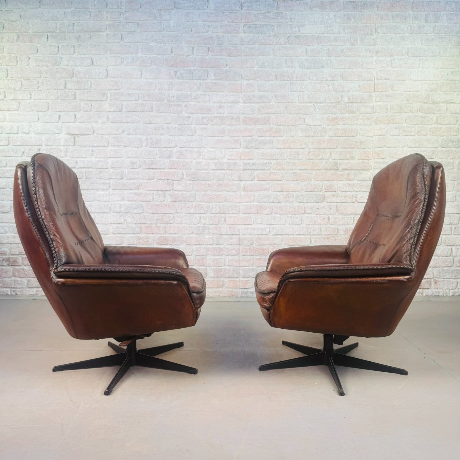 Vintage Pair 1970s Danish Berg Mobler Brown Leather Swivel Chairs Mid Century