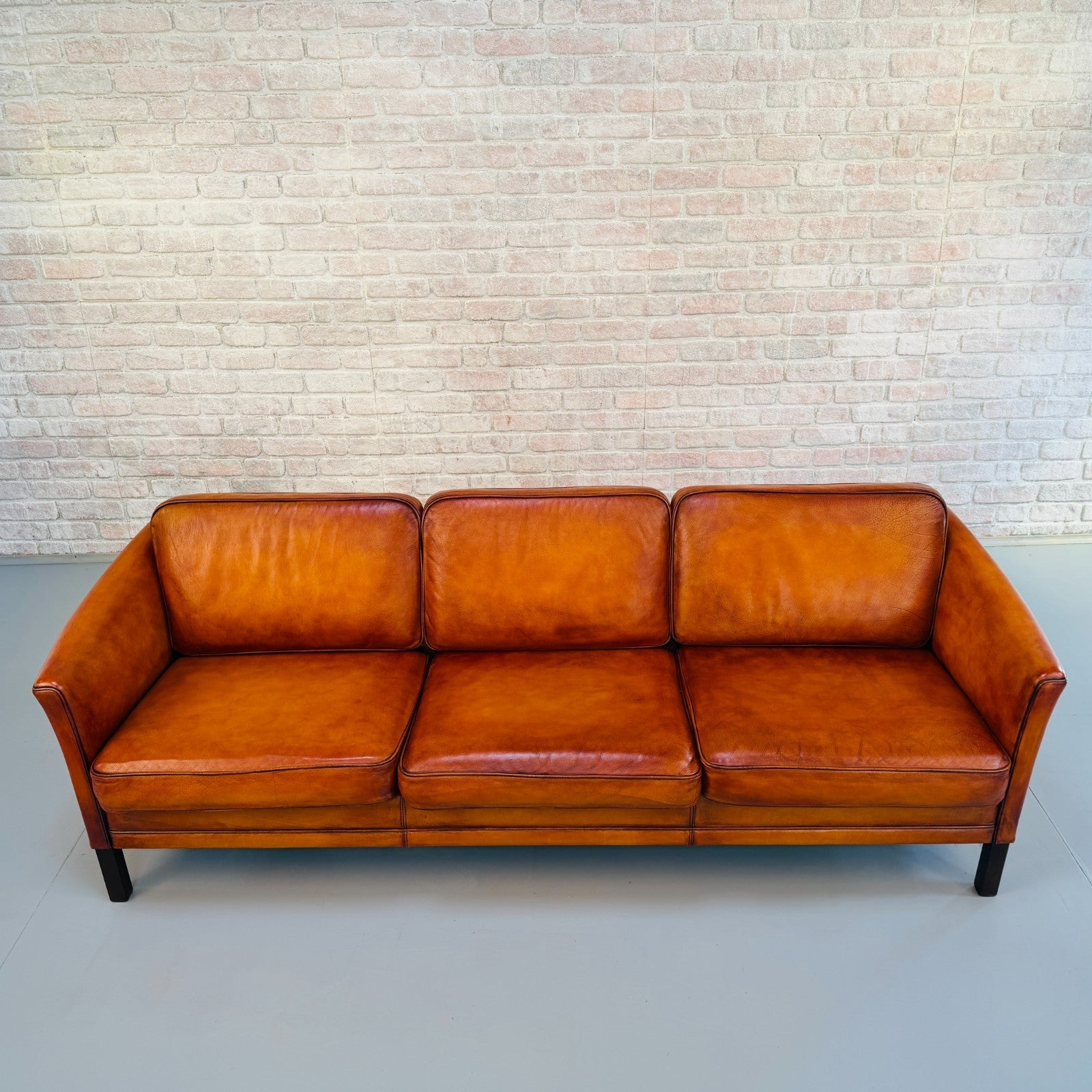 Vintage 1970s Danish Mogens Hansen Long Tan Leather Three Seater Sofa