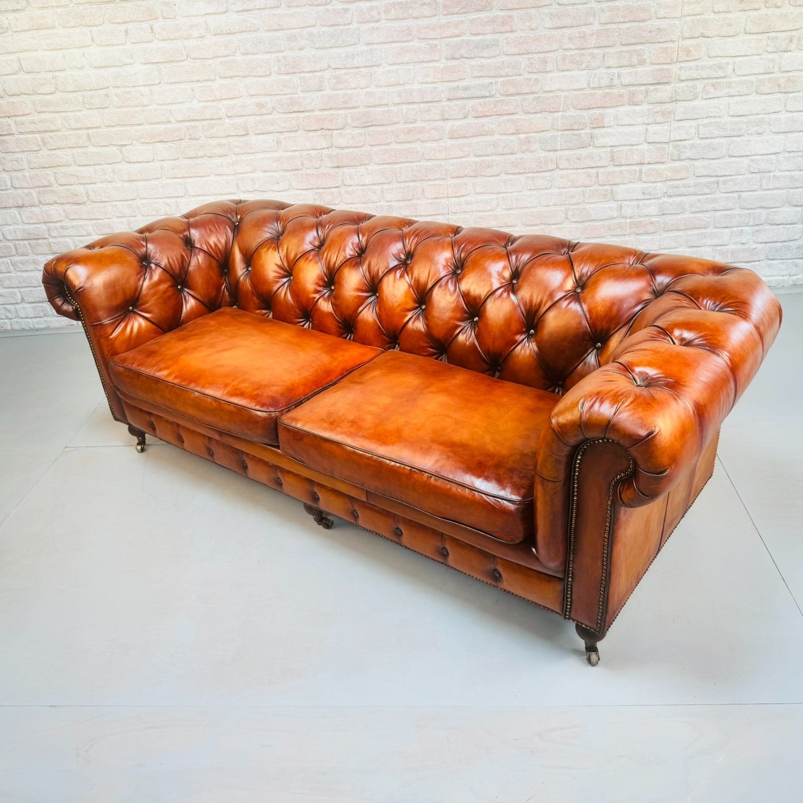 Vintage English Three Seater Tan Leather Chesterfield Sofa