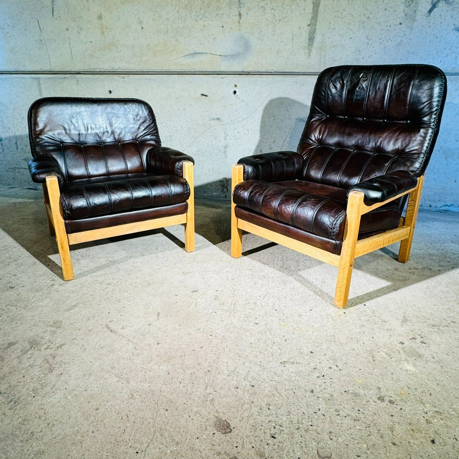 Vintage His and Hers Leather & Oak Swedish Chairs 1970s with Footstool