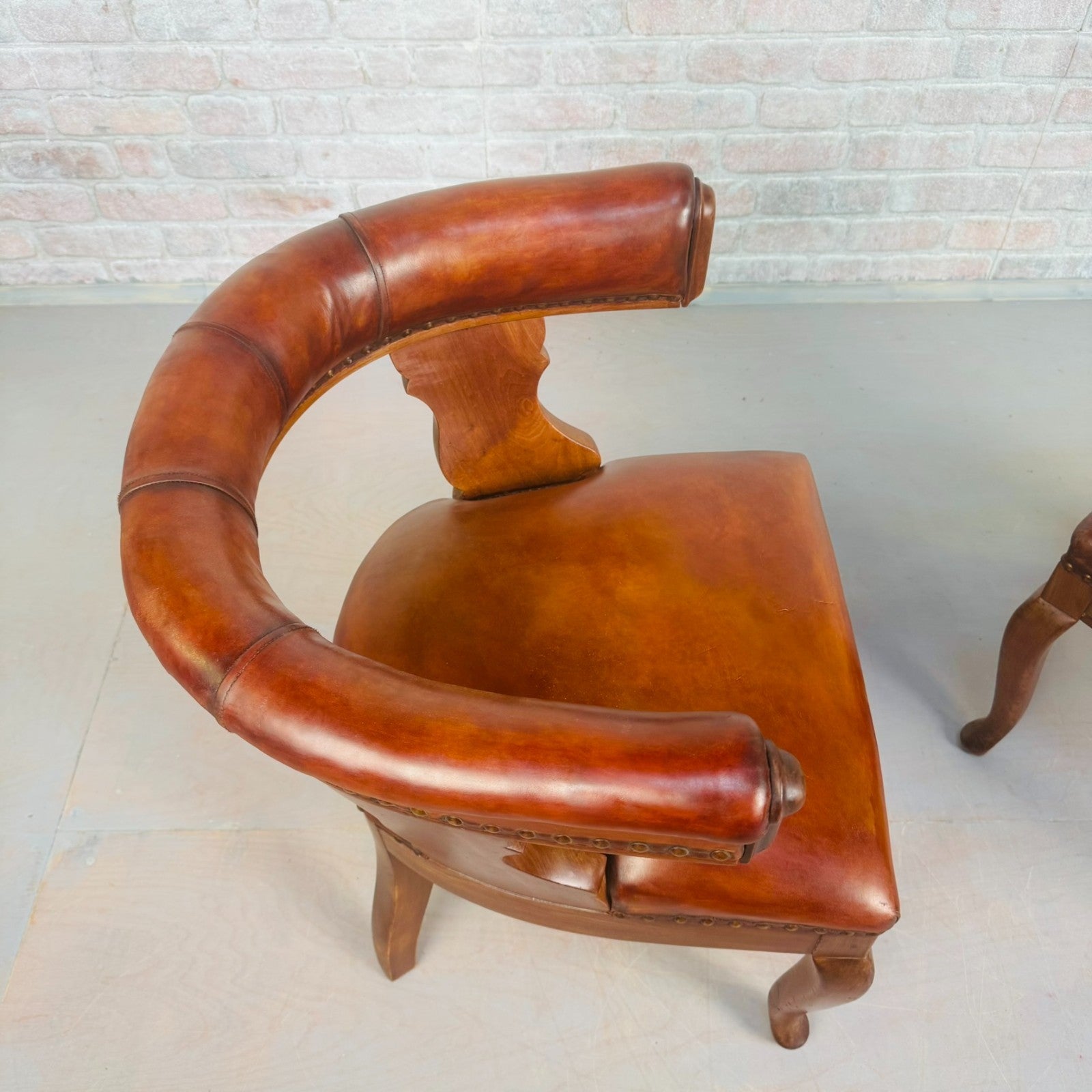 Pair of 40s Antique Danish Tan Leather Partner’s Desk Chairs Walnut Frame