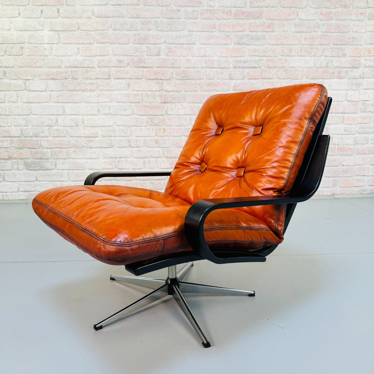 Vintage Danish Cognac Tan Leather Swivel Armchair Black Beech Frame