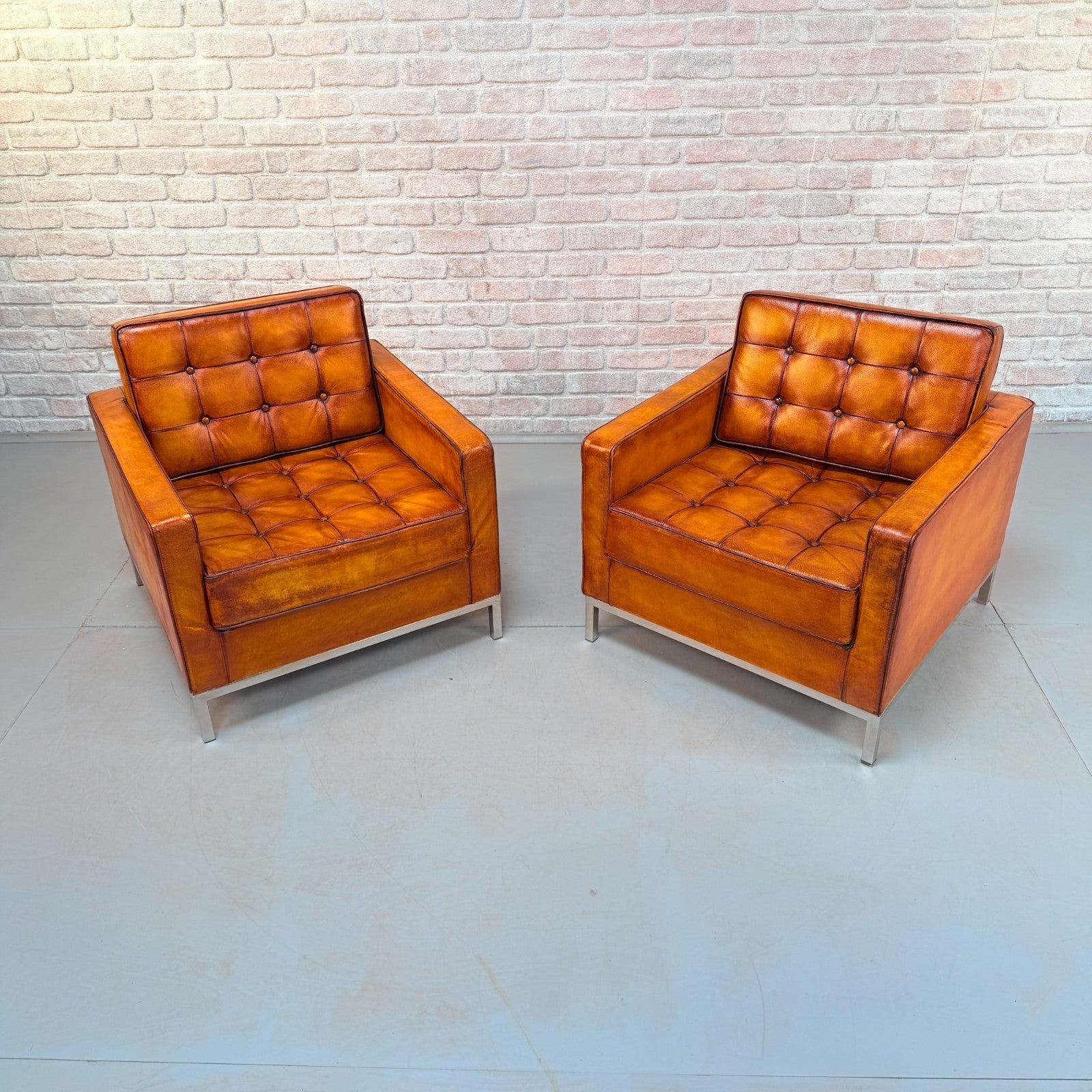 Vintage Pair of Florence Knoll Style Tan Leather Armchairs