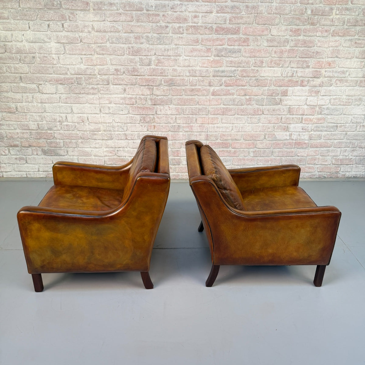 Near Pair Vintage 1970s Mogens Hansen Tan Leather Armchairs Danish Design