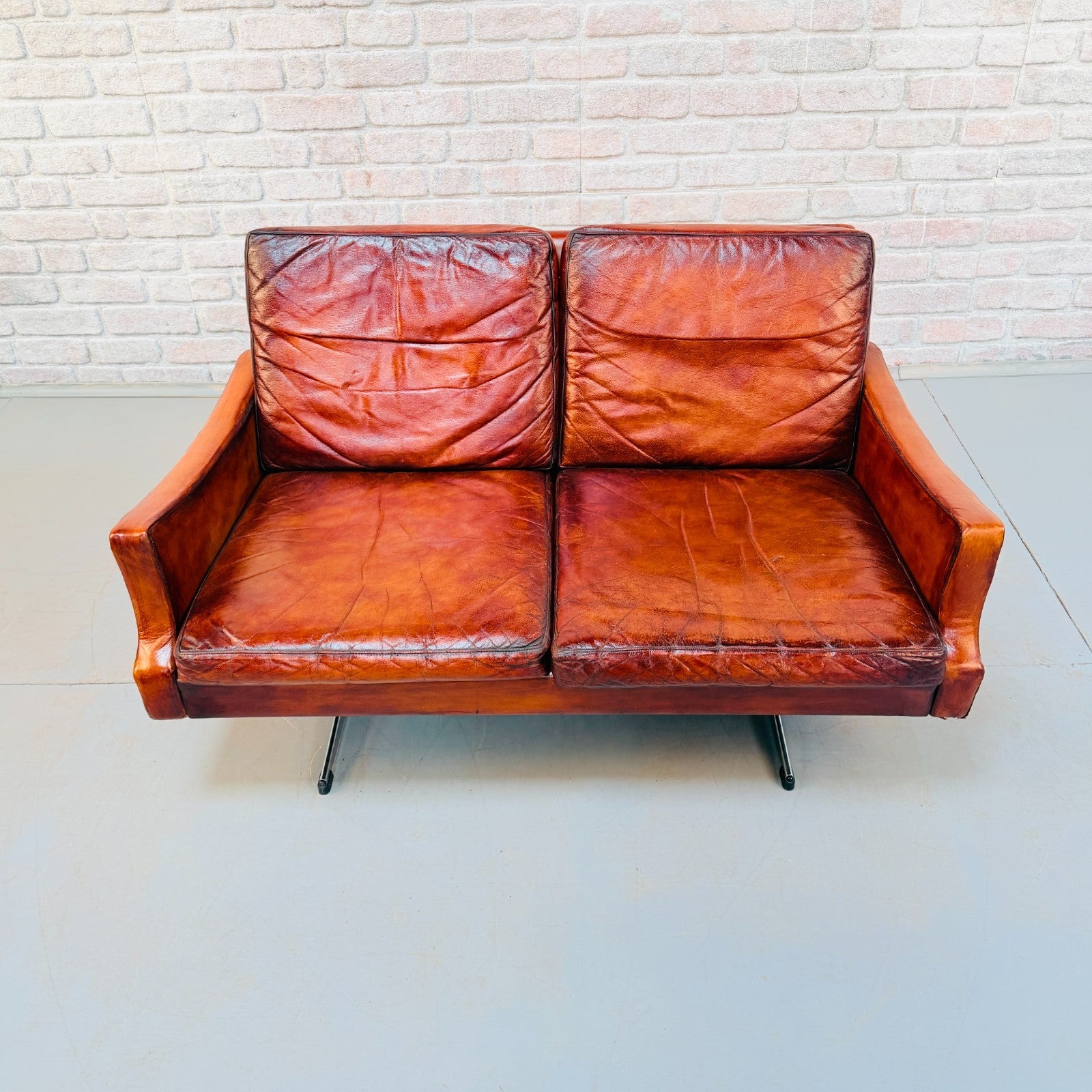 Vintage 1970s Danish Cognac Hand-Dyed Leather Two Seater Sofa