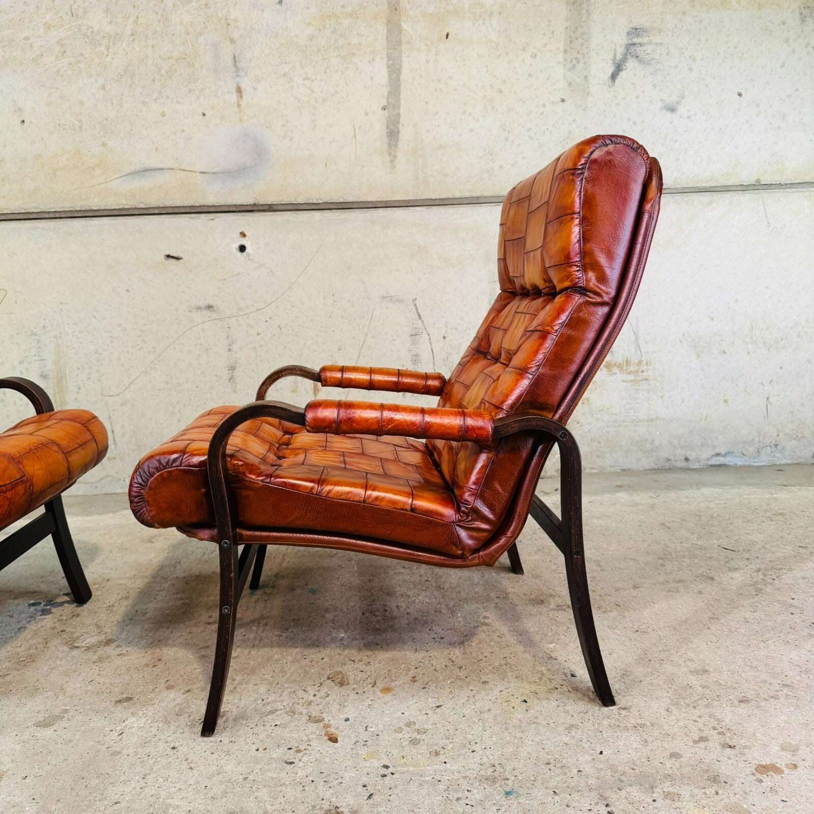 Pair of 1970s Danish Vintage Patchwork Tan Leather Bentwood Chairs