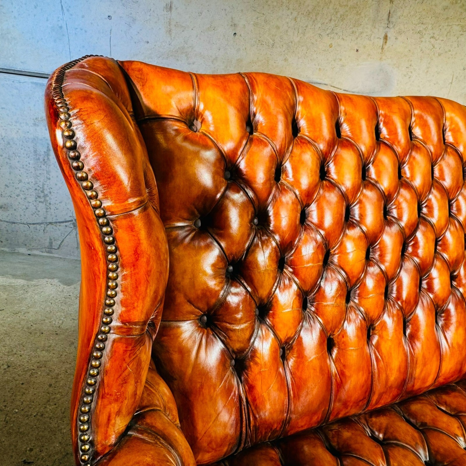 Beautiful Three Seater 19th C Tan Leather Chesterfield Sofa Fully Buttoned