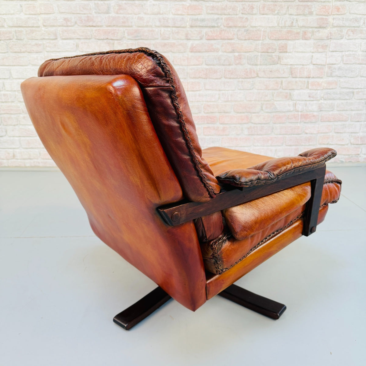 Vintage 1970s Arne Norell Swedish Tan Leather Swivel Chair & Footstool