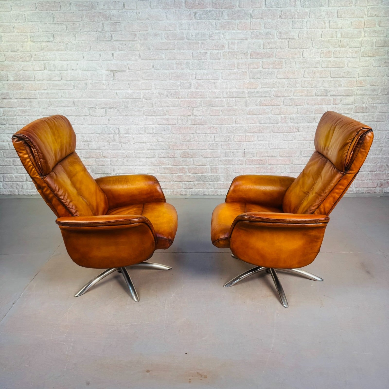 Vintage Pair of Danish High Back Swivel Recliner Chairs – Light Tan Leather