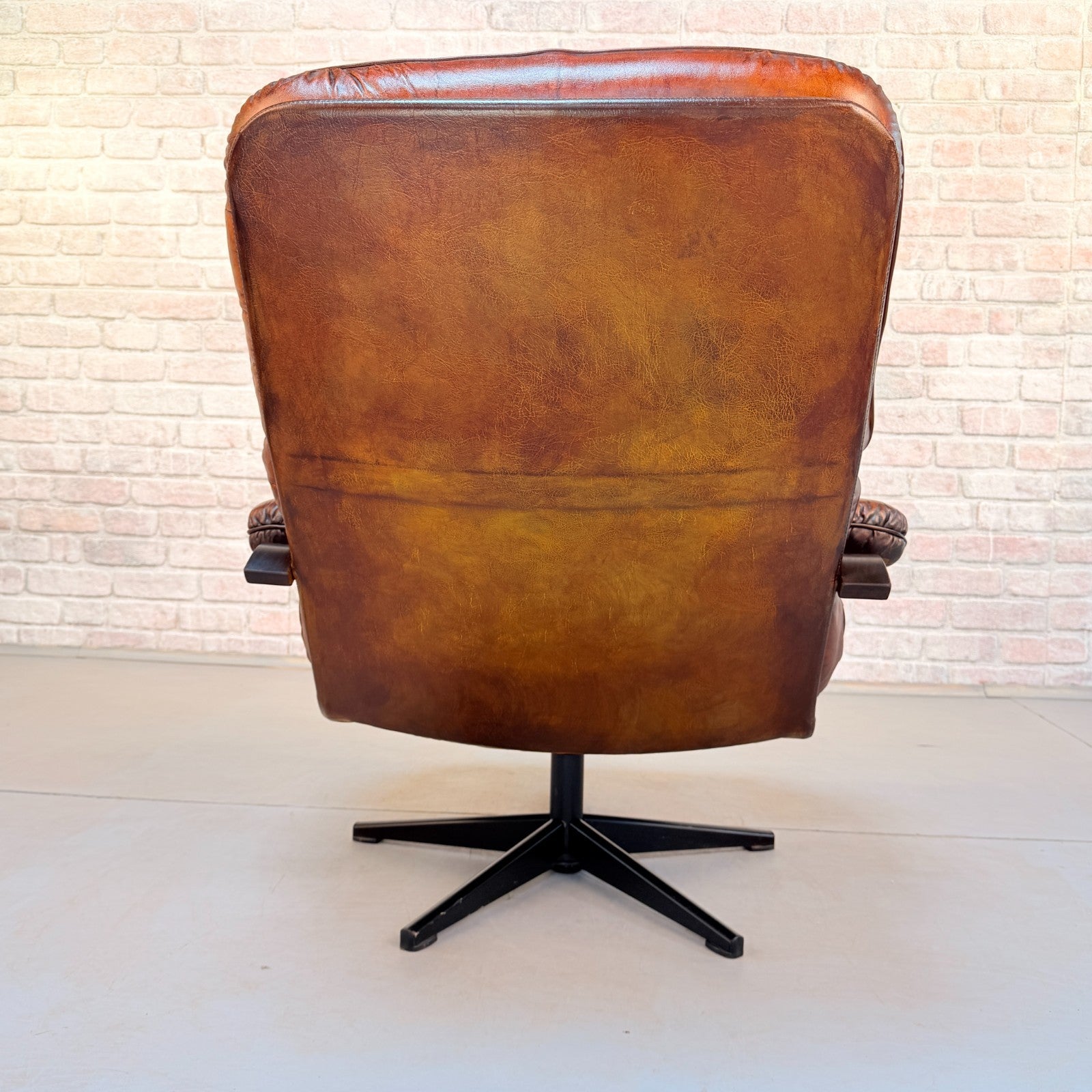 Vintage Danish Tan Leather Swivel Chair Hand Dyed Cognac Patina Lounge Chair