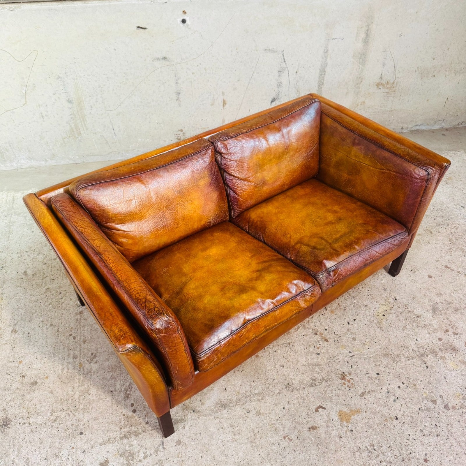 Vintage 1970s Danish Tan Leather Two-Seater Sofa