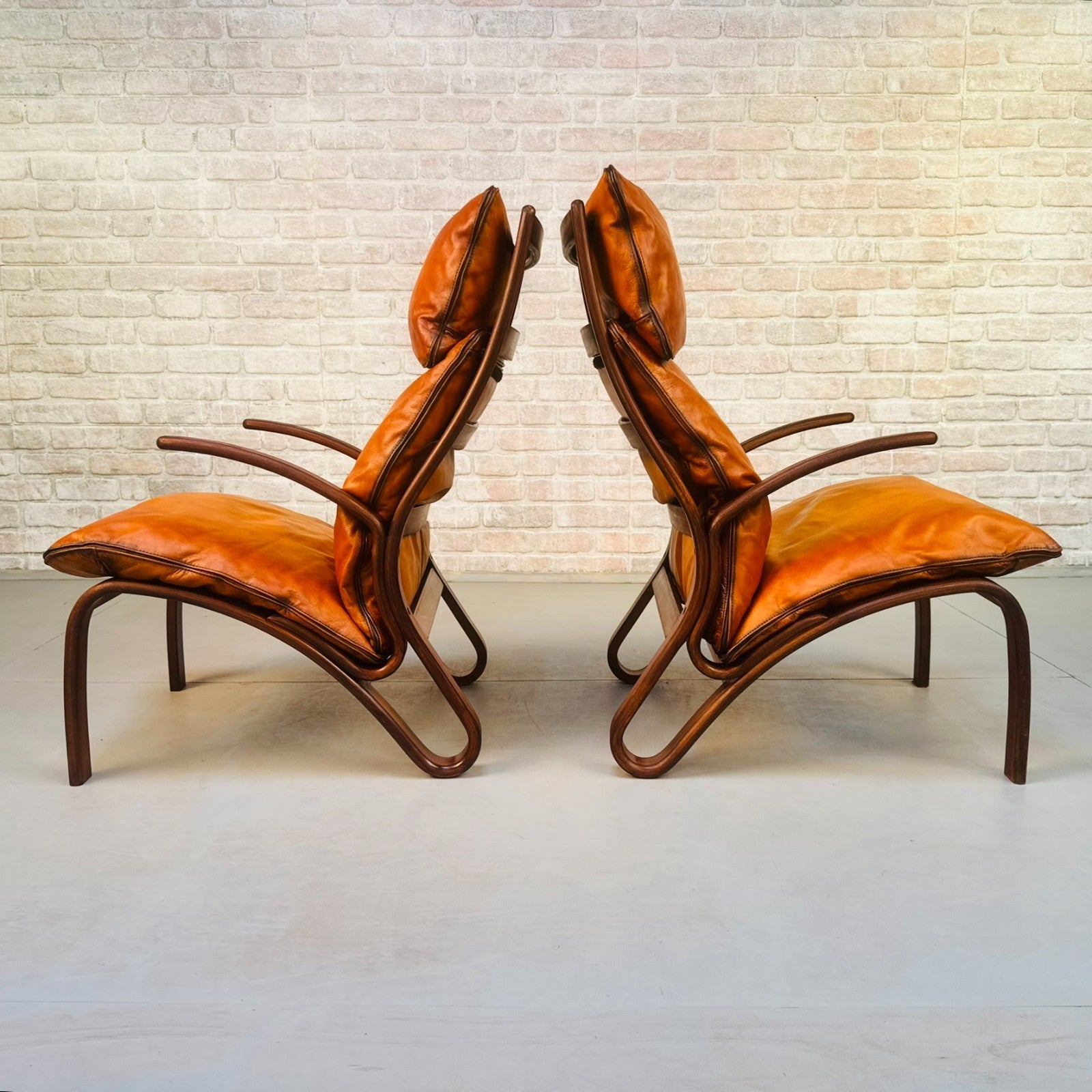 Pair Vintage Danish Bentwood Chairs Tan Leather Elegant Lounge Chairs