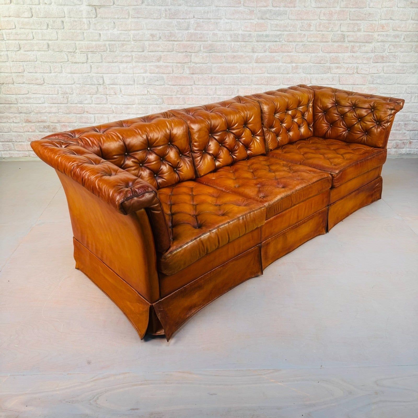 Vintage Danish Tan Leather Three Seater Sofa Fully Buttoned