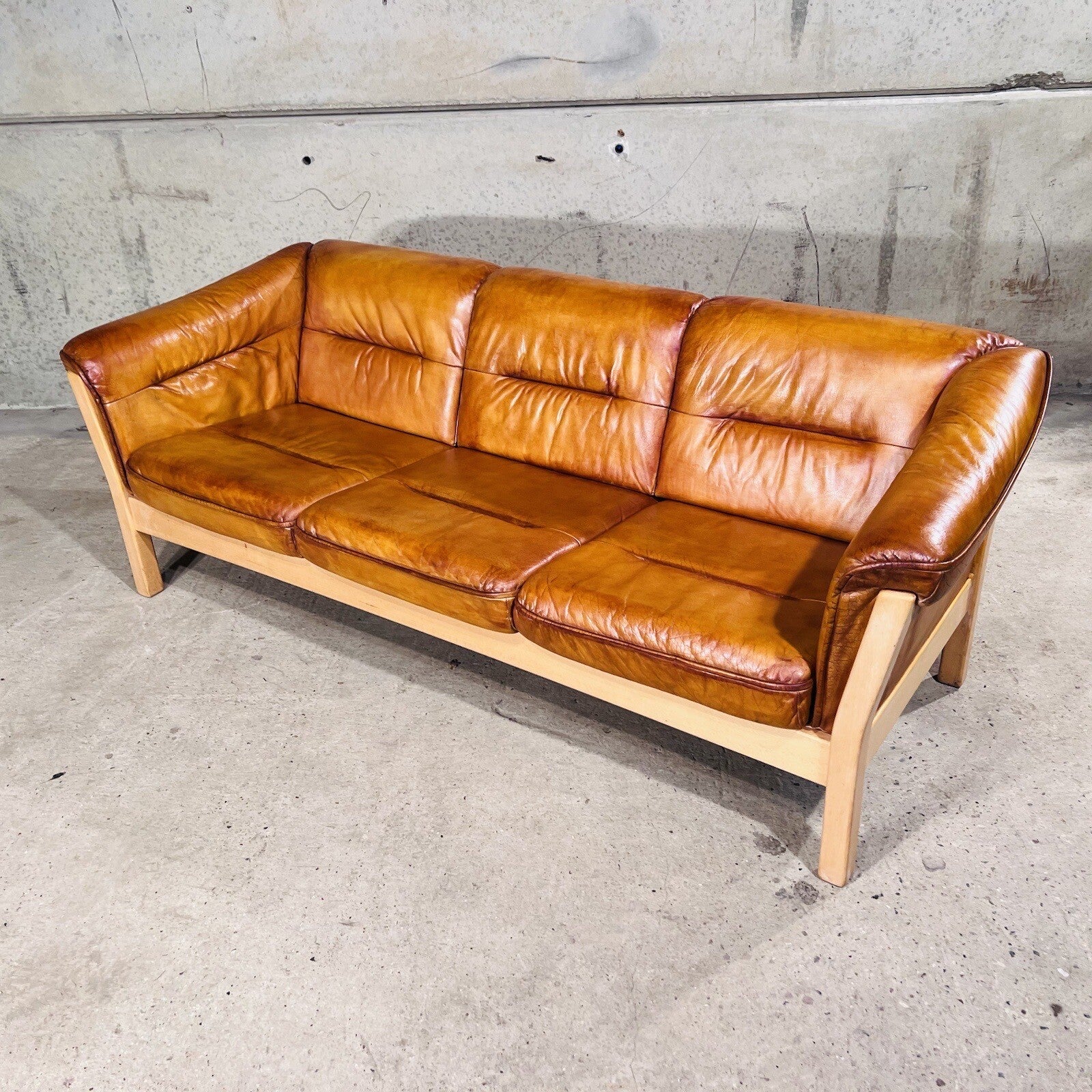 Long Vintage Swedish Three-Seater Patinated Tan Leather Sofa