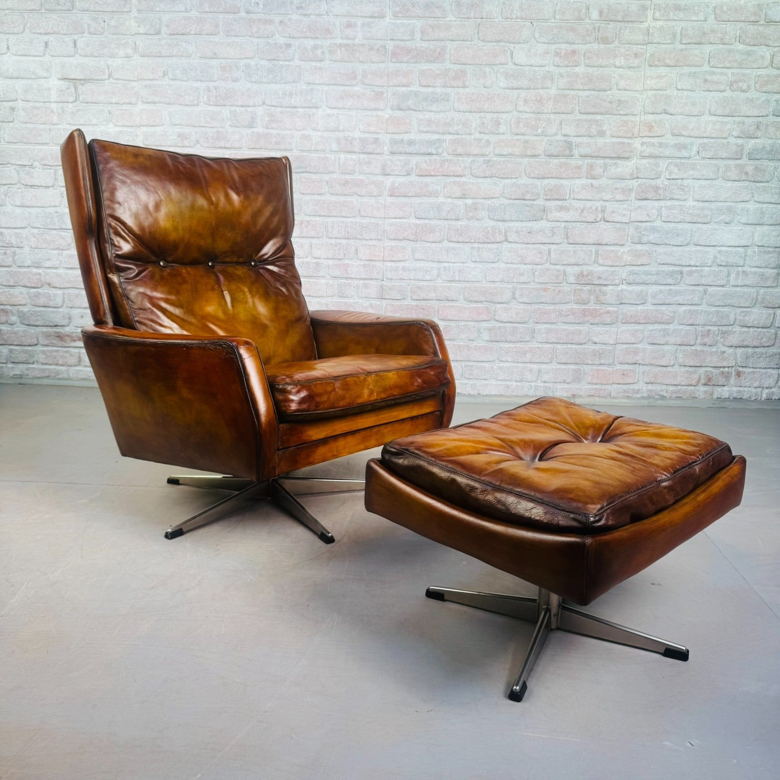 Vintage 1970s Danish Svend Skipper Tan Leather Swivel Chair & Footstool