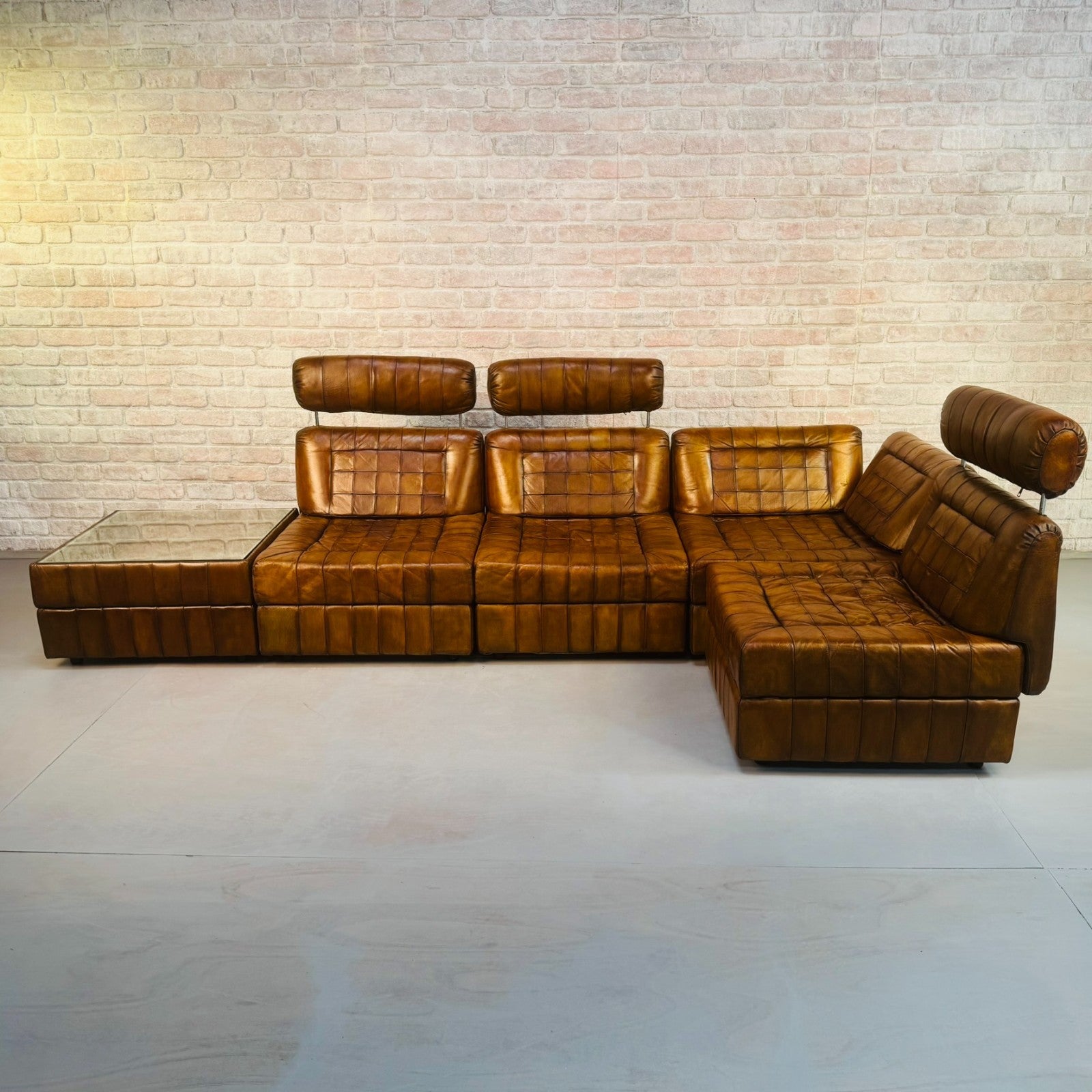 Rare Percival Lafer 60s Modular Sofa 4 Sections & Glass Top Table Tan Leather