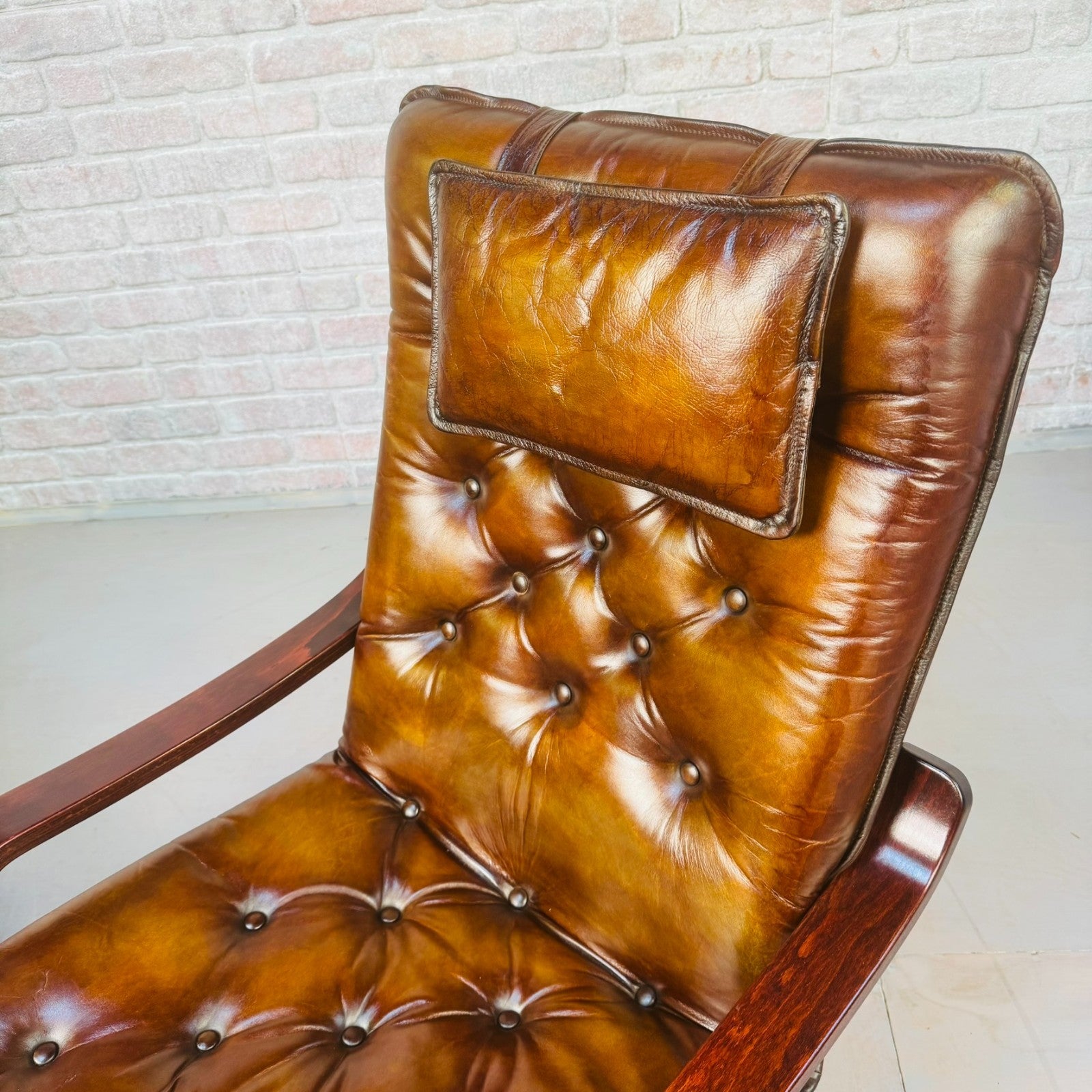 Pair of Vintage Scandinavian Tan Leather Bentwood Armchairs