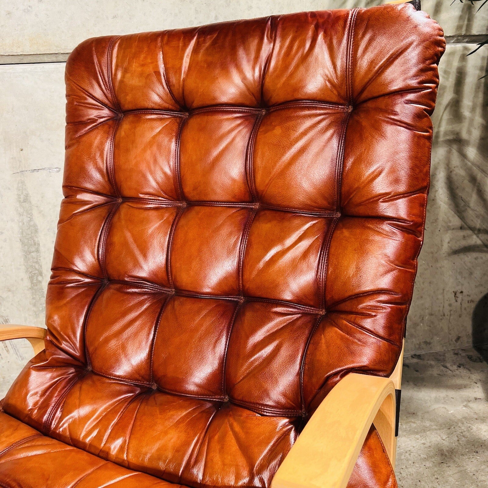 Wide Back Vintage 1970s Danish Cognac Leather Birch Bentwood Pair of Chairs