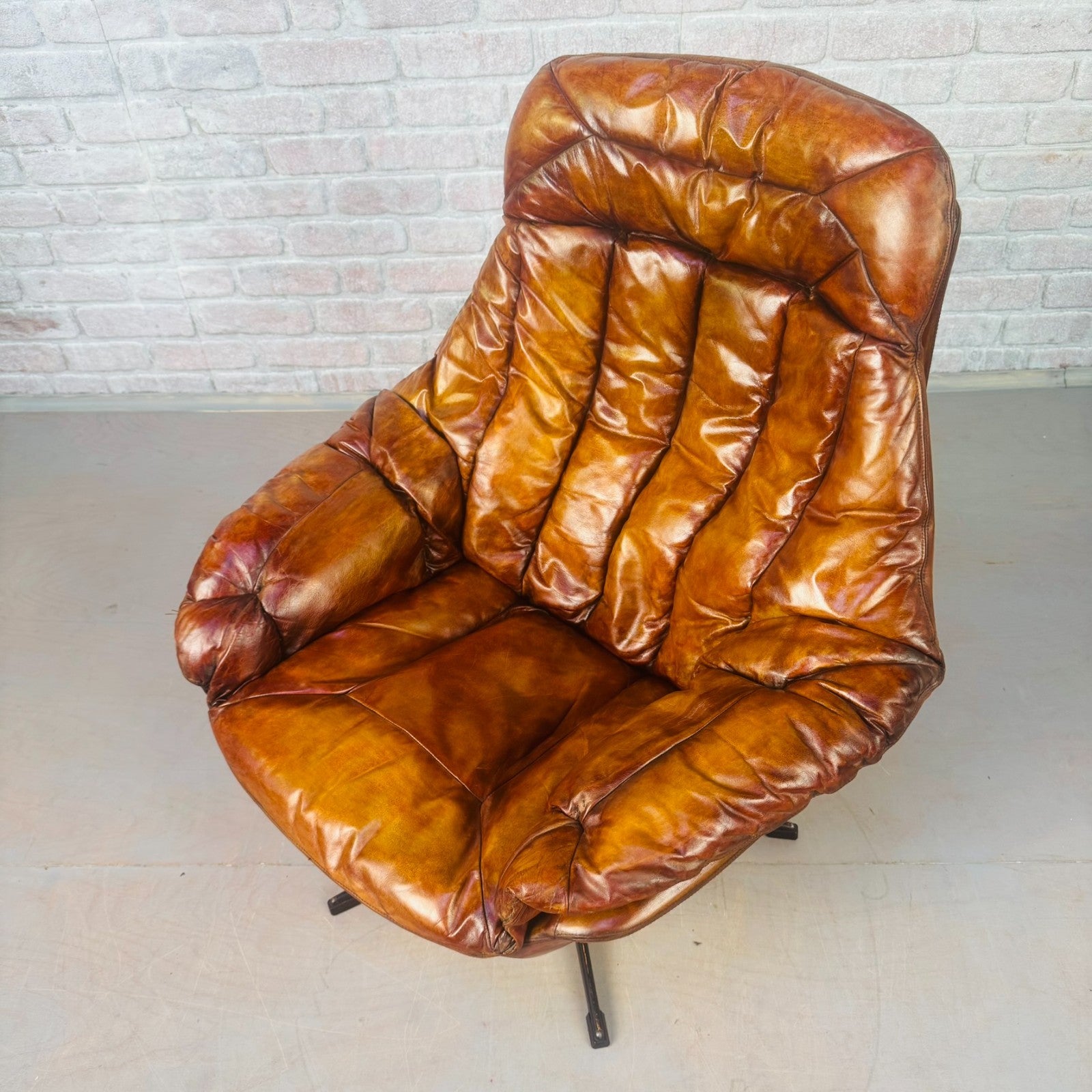 Vintage Danish H.W. Klein Egg Chair by Bramin Tan Leather Swivel Mid Century
