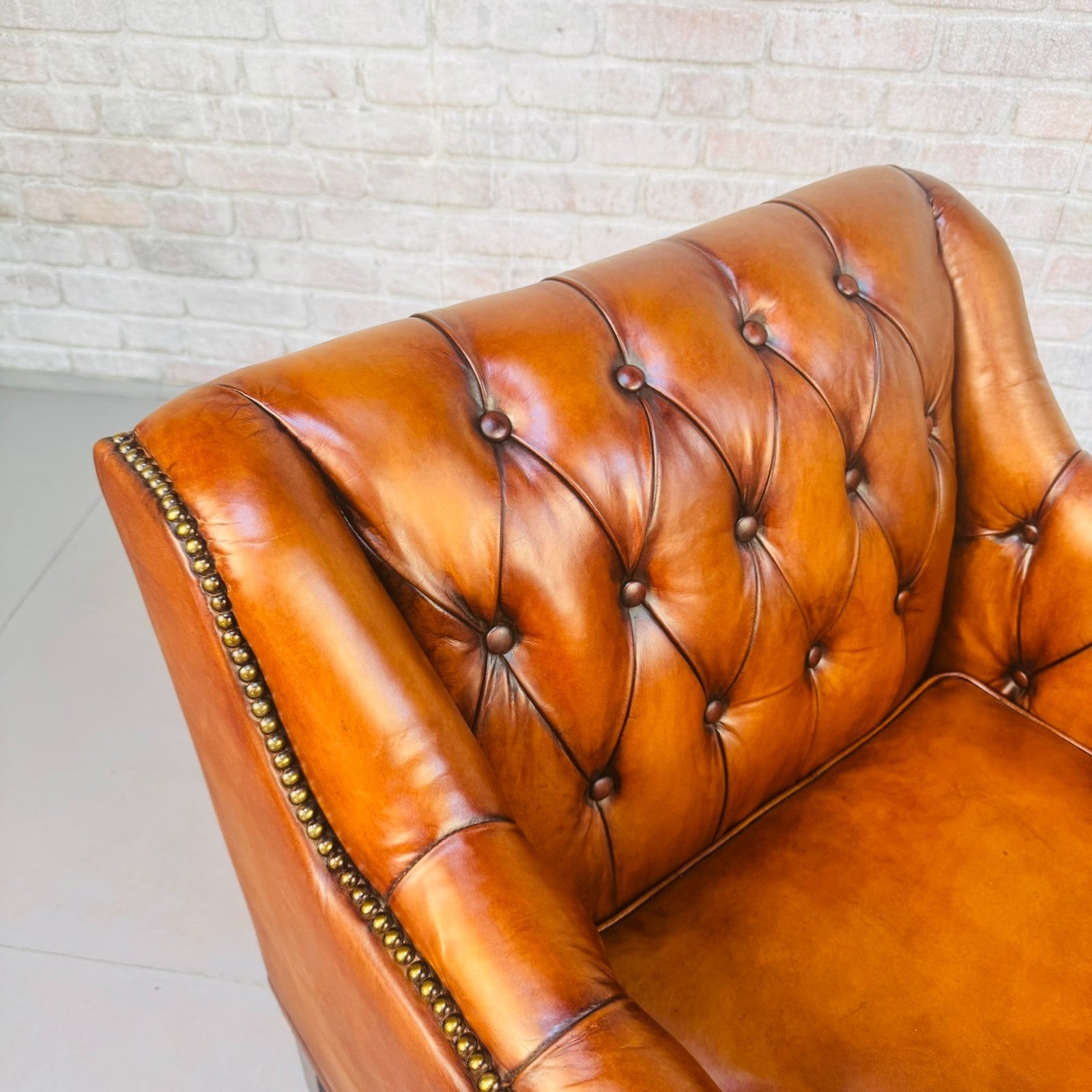 Vintage Chesterfield Armchair & Footstool Tan Leather Cognac Lounge Chair