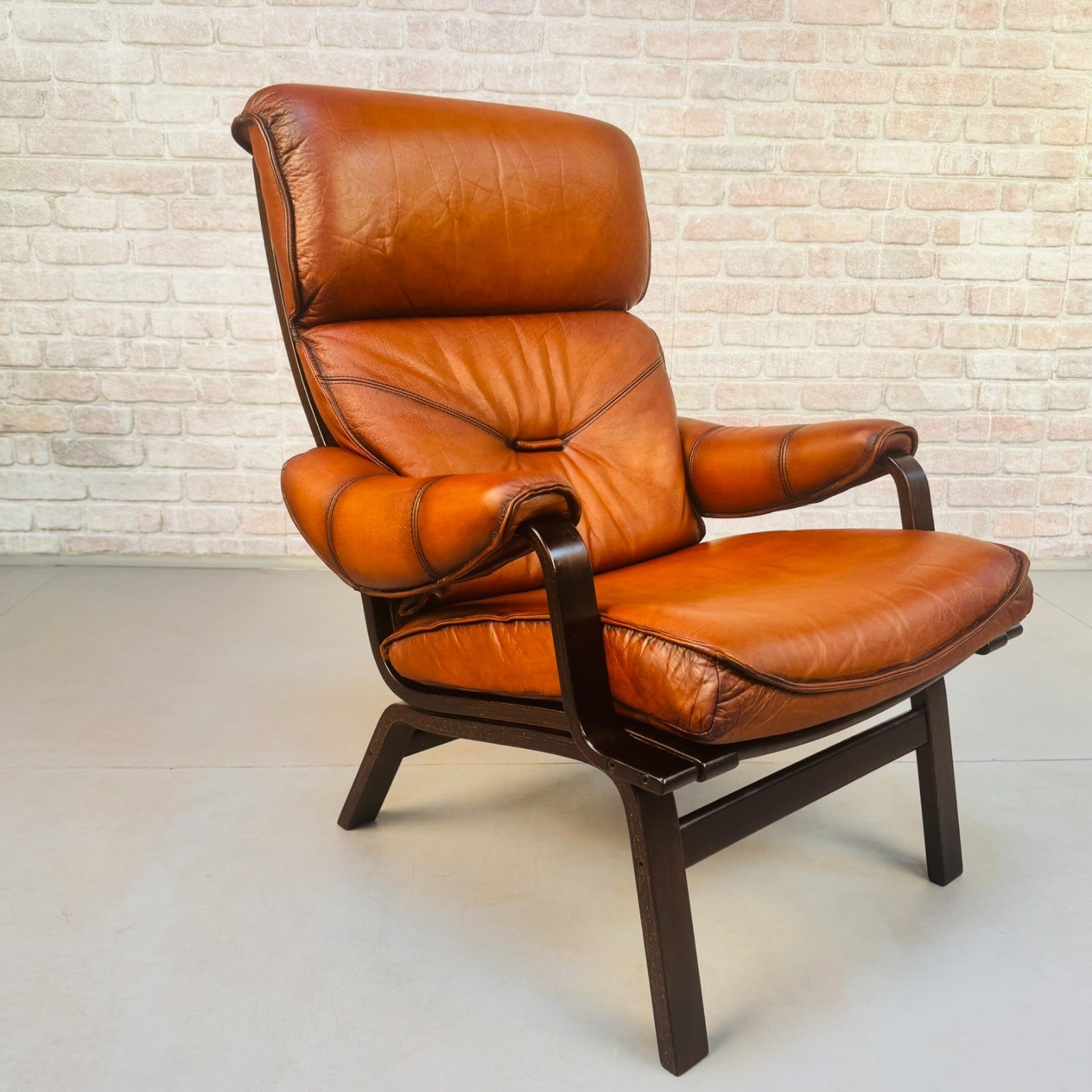 Vintage Danish High Back Armchair | Hand Dyed Tan Buffalo Leather | Beech Frame