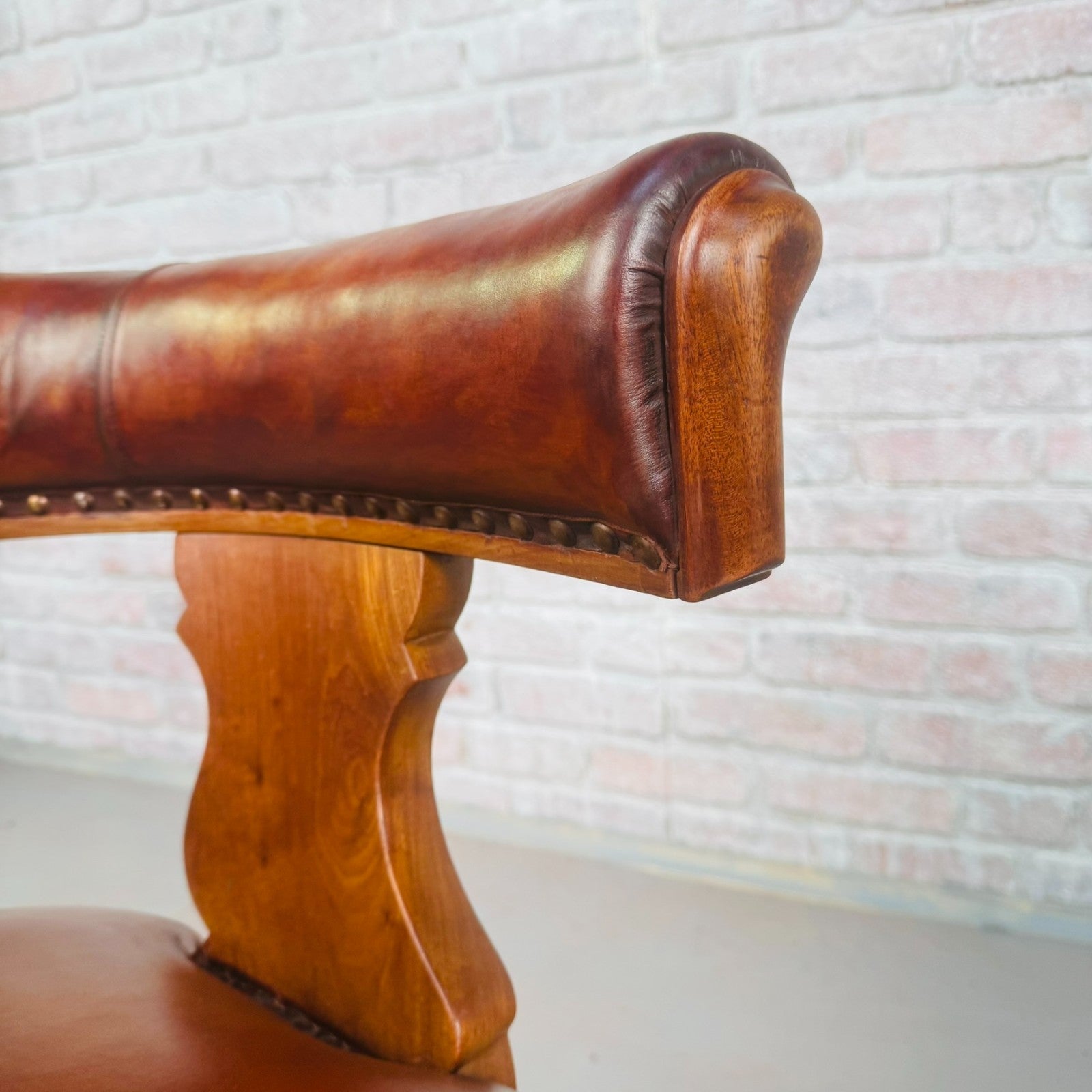 Pair of 40s Antique Danish Tan Leather Partner’s Desk Chairs Walnut Frame