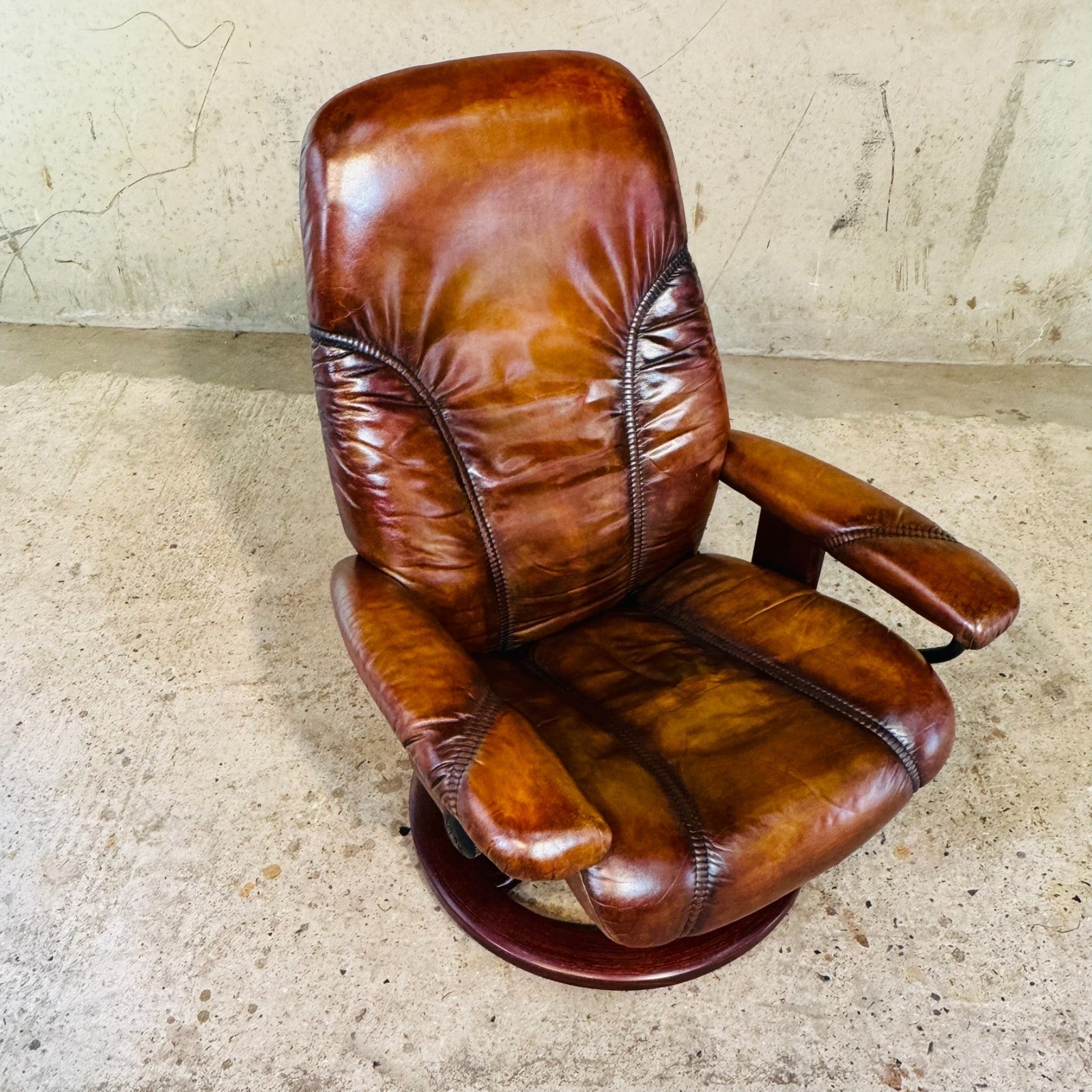 Vintage Ekornes Tan Leather Swivel Recliner Chair — Compact Design