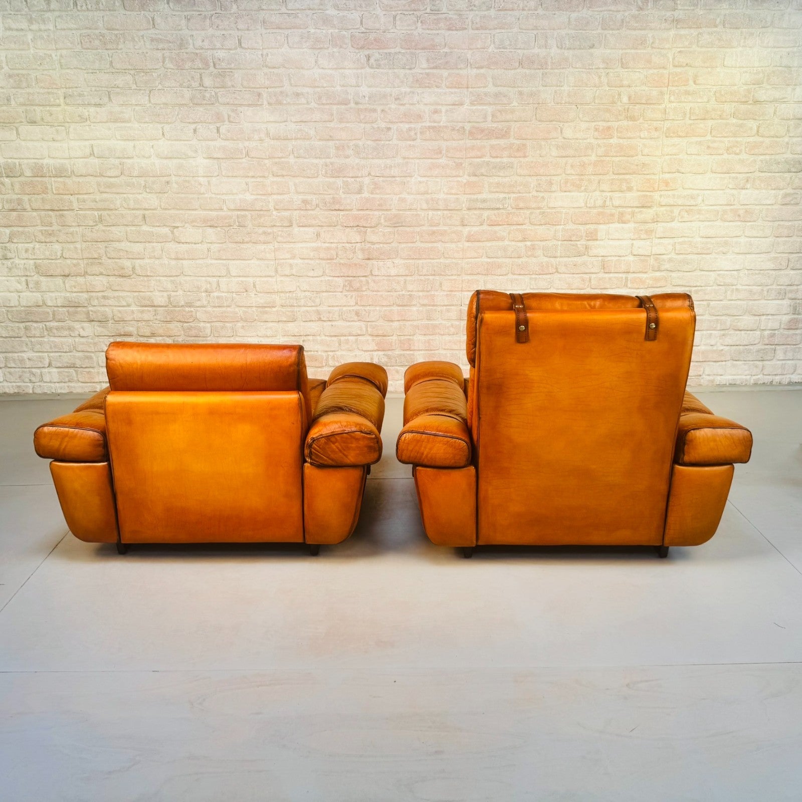 Pair Vintage Skippers Danish His & Hers Light Tan Leather Armchairs