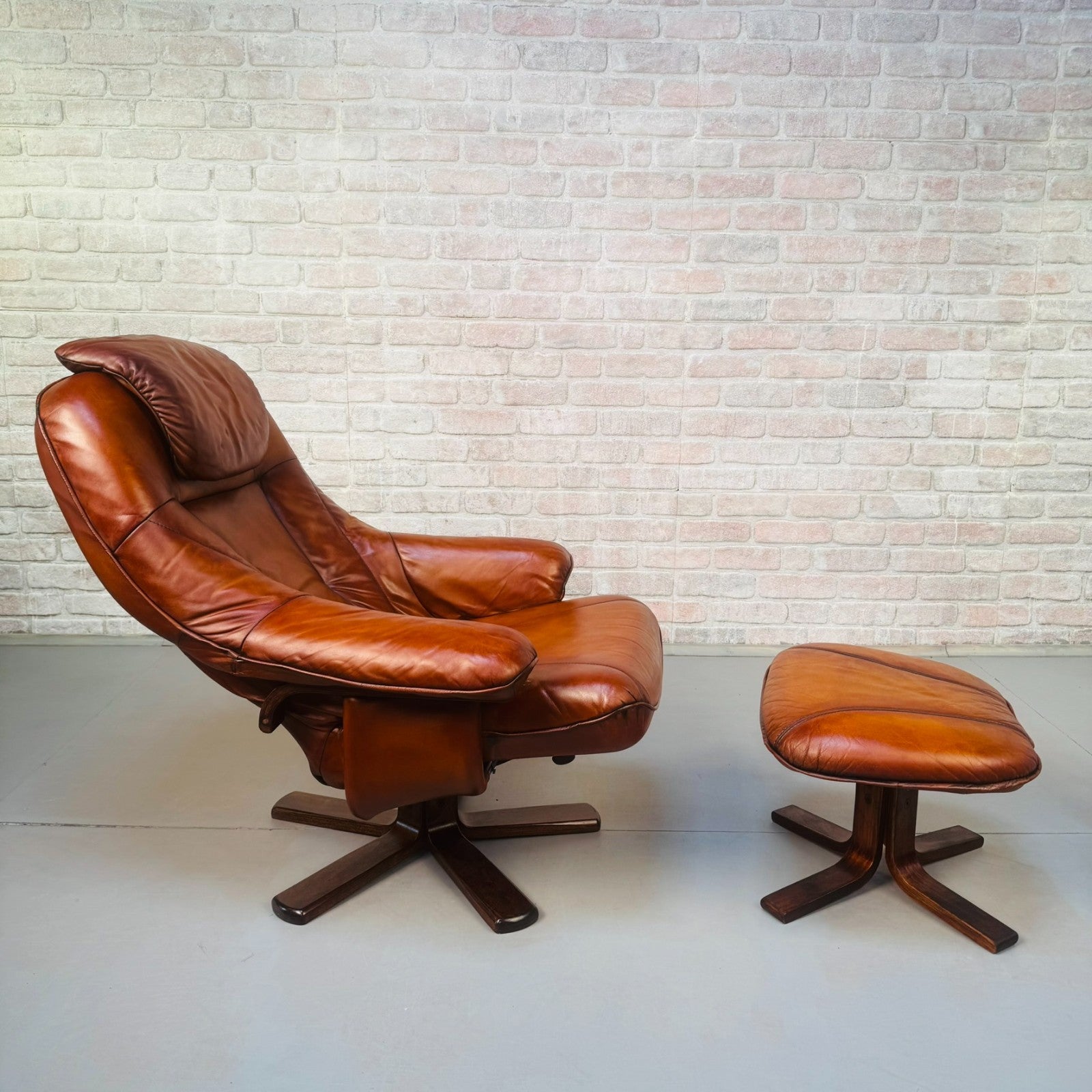 Vintage Danish Tan Leather Reclining Chair & Matching Footstool