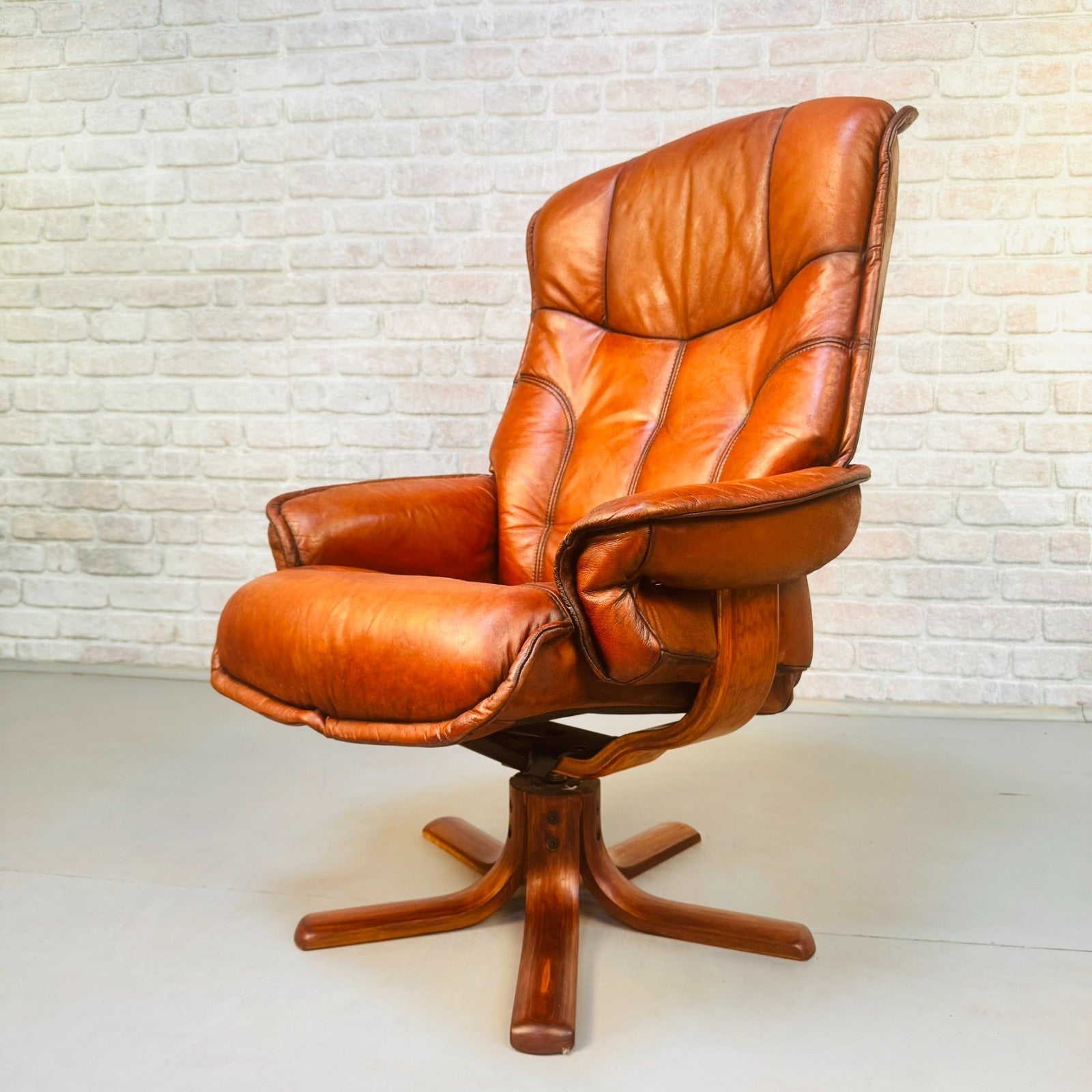 Vintage Danish Reclining Swivel Chair & Footstool | Hand Dyed Tan Leather