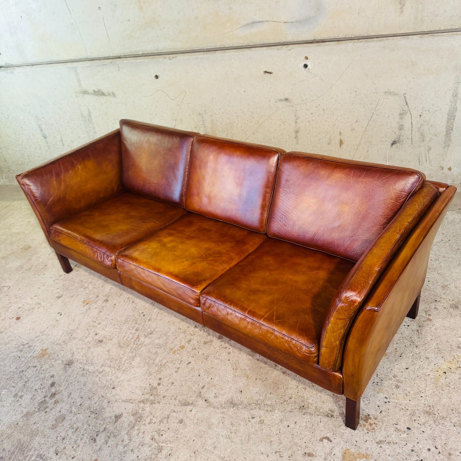 Danish Vintage Tan Leather 3 Seater Sofa — Sleek & Elegant