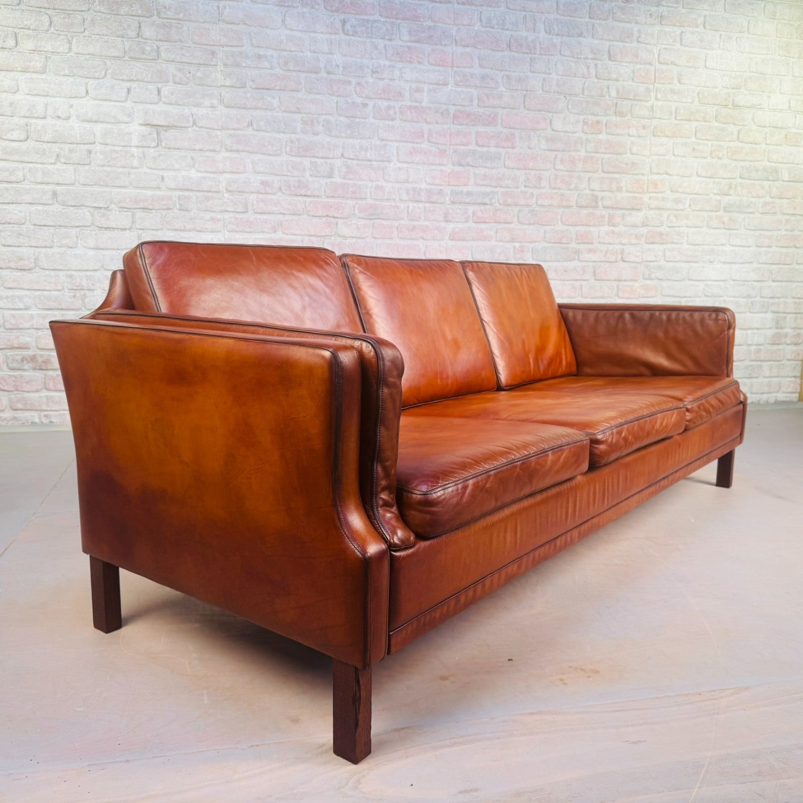 Elegant Vintage Danish 1970s Mogens Hansen Three Seater Tan Leather Sofa