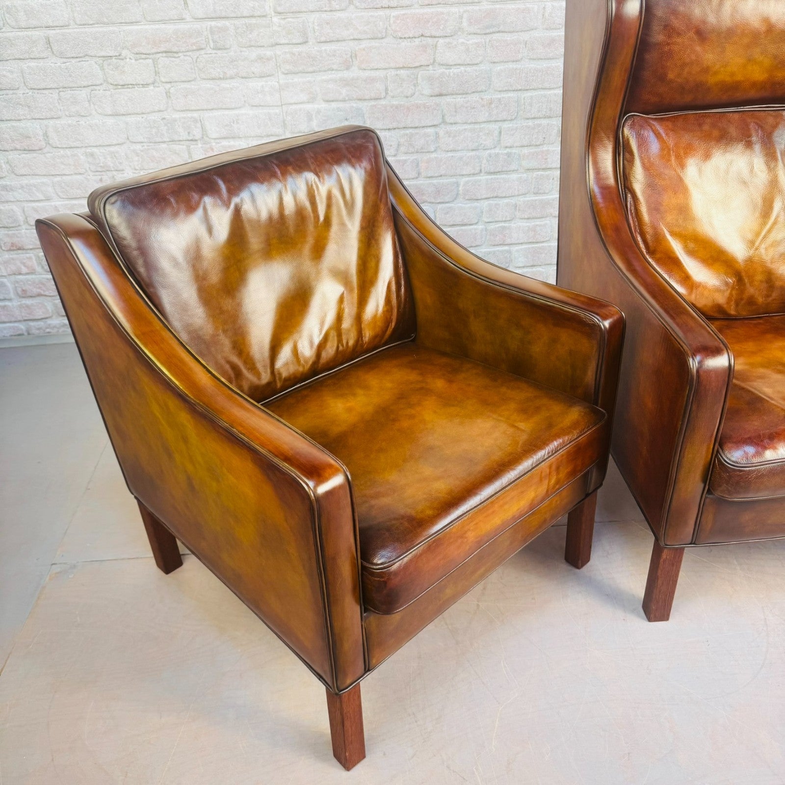 Vintage Danish His & Hers High Back Leather Chairs Pair Light Brown Armchairs