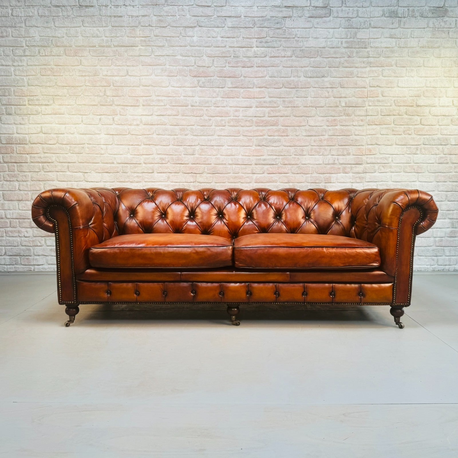 Vintage English Three Seater Tan Leather Chesterfield Sofa