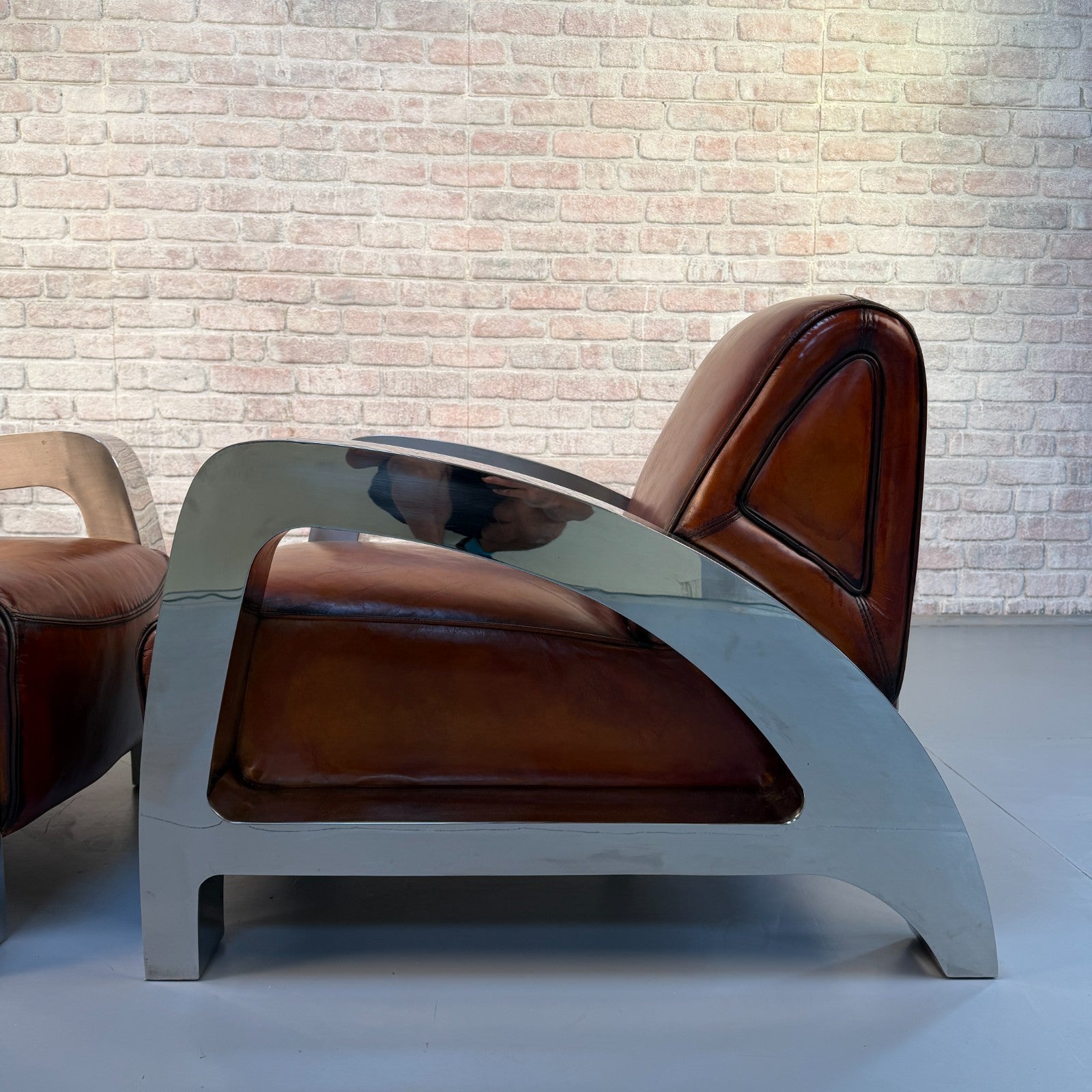 Stunning Pair of Vintage Art Deco Chrome Aviator Heritage Brown Leather Armchair