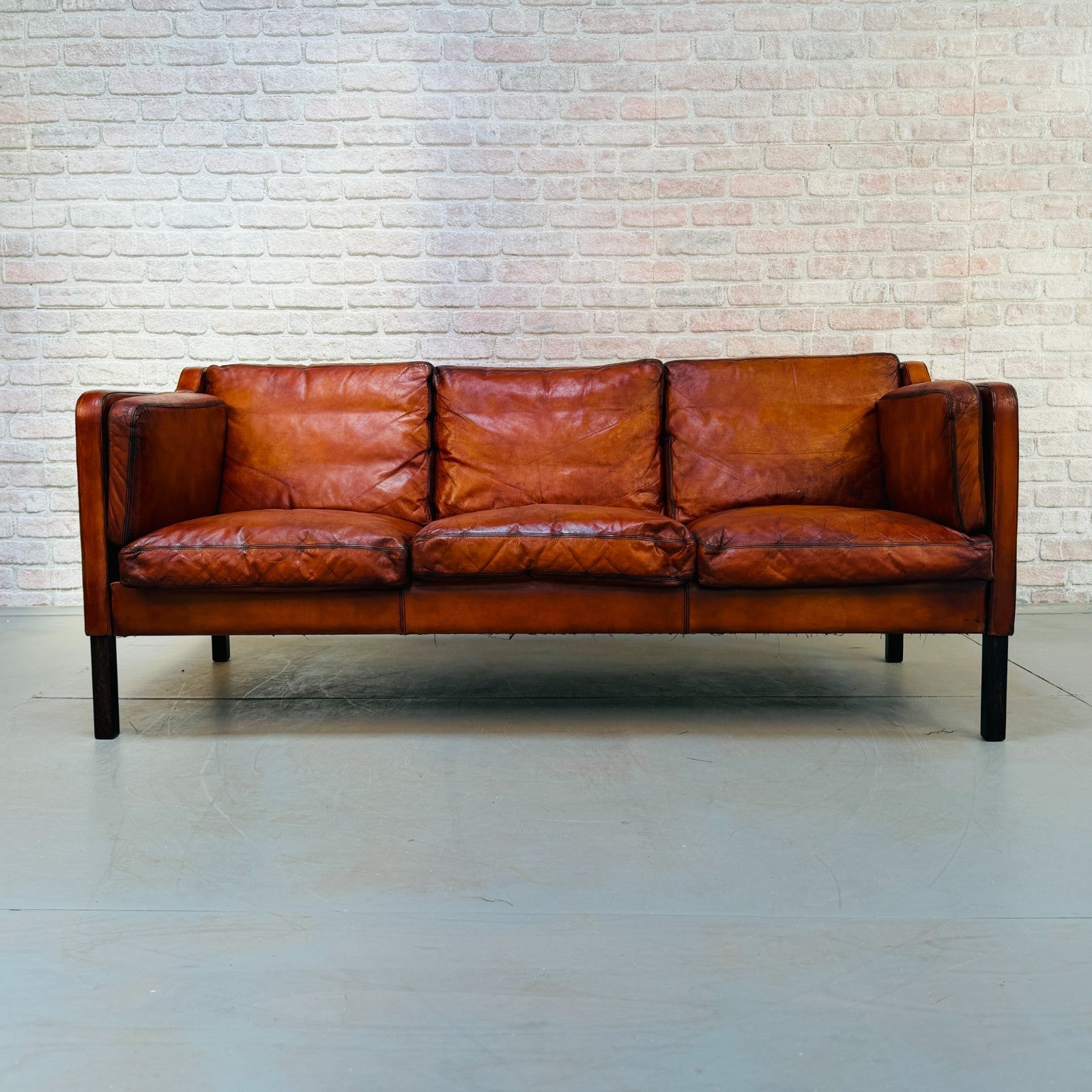 Vintage 1970s Thams Kvalitet Danish Cognac Hand-Dyed Leather Three Seater Sofa