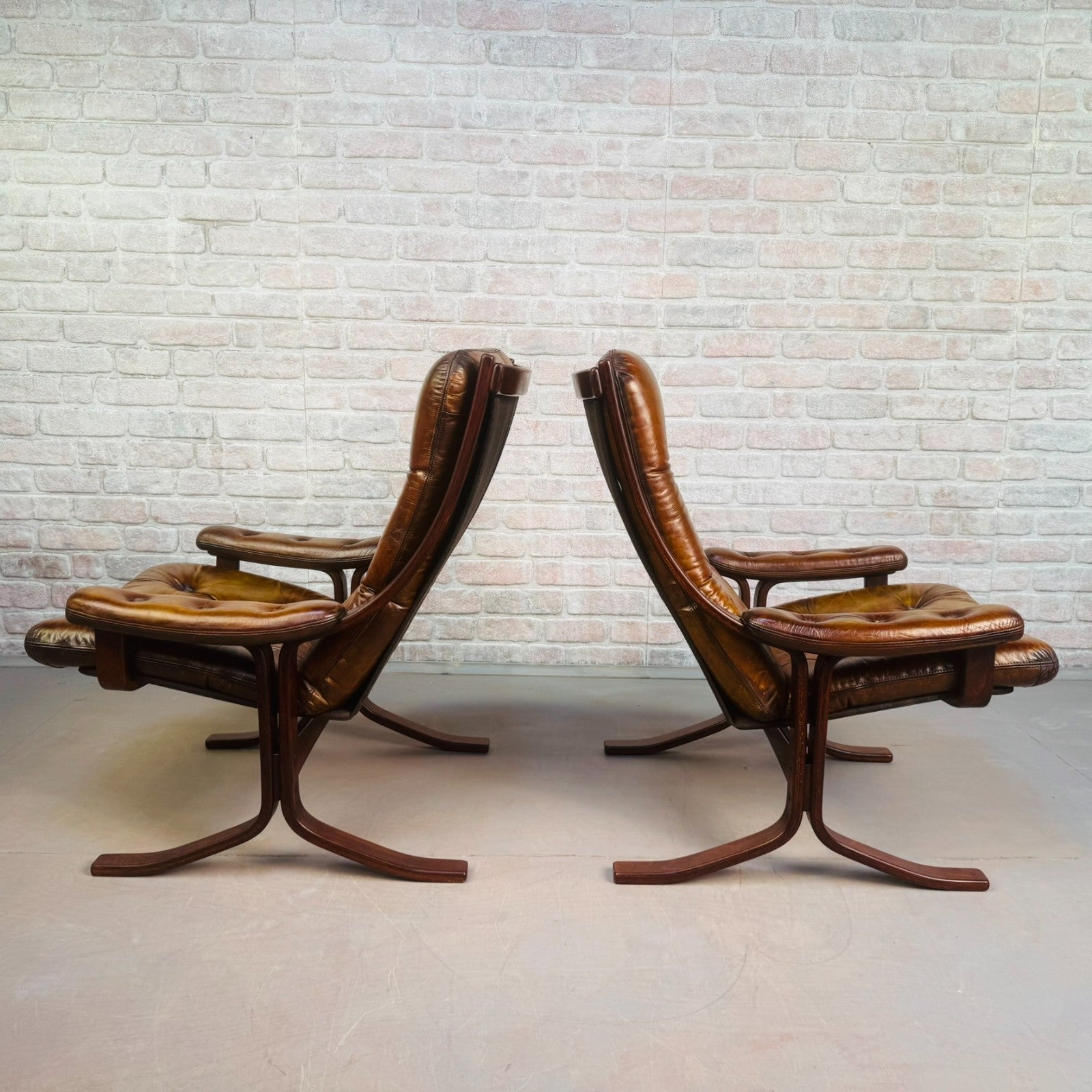 Pair of Vintage Danish Tan Leather Armchairs High Back Mid Century Chairs