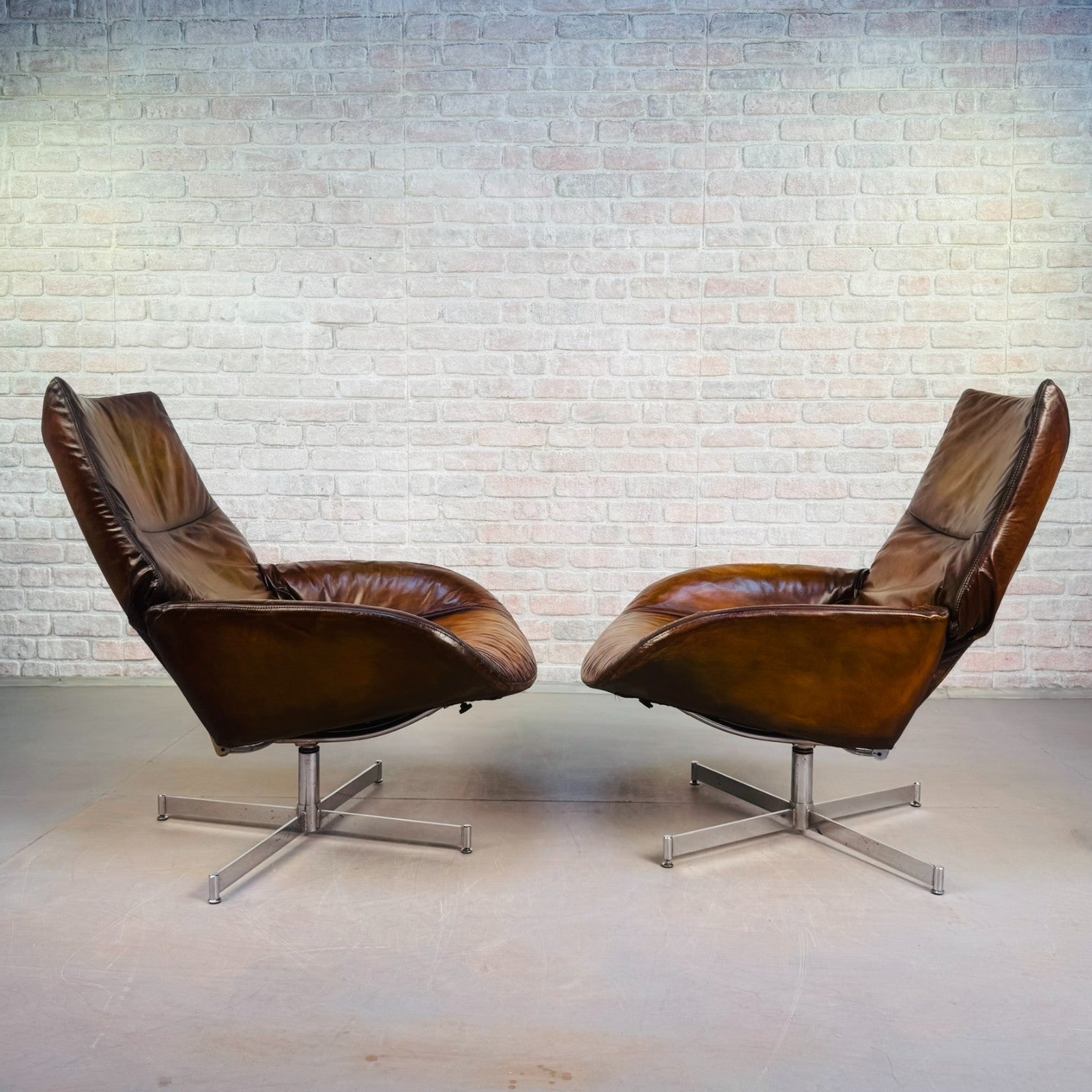 Stylish Vintage Danish Tan Leather Swivel Reclining Armchairs – Beautiful Patina