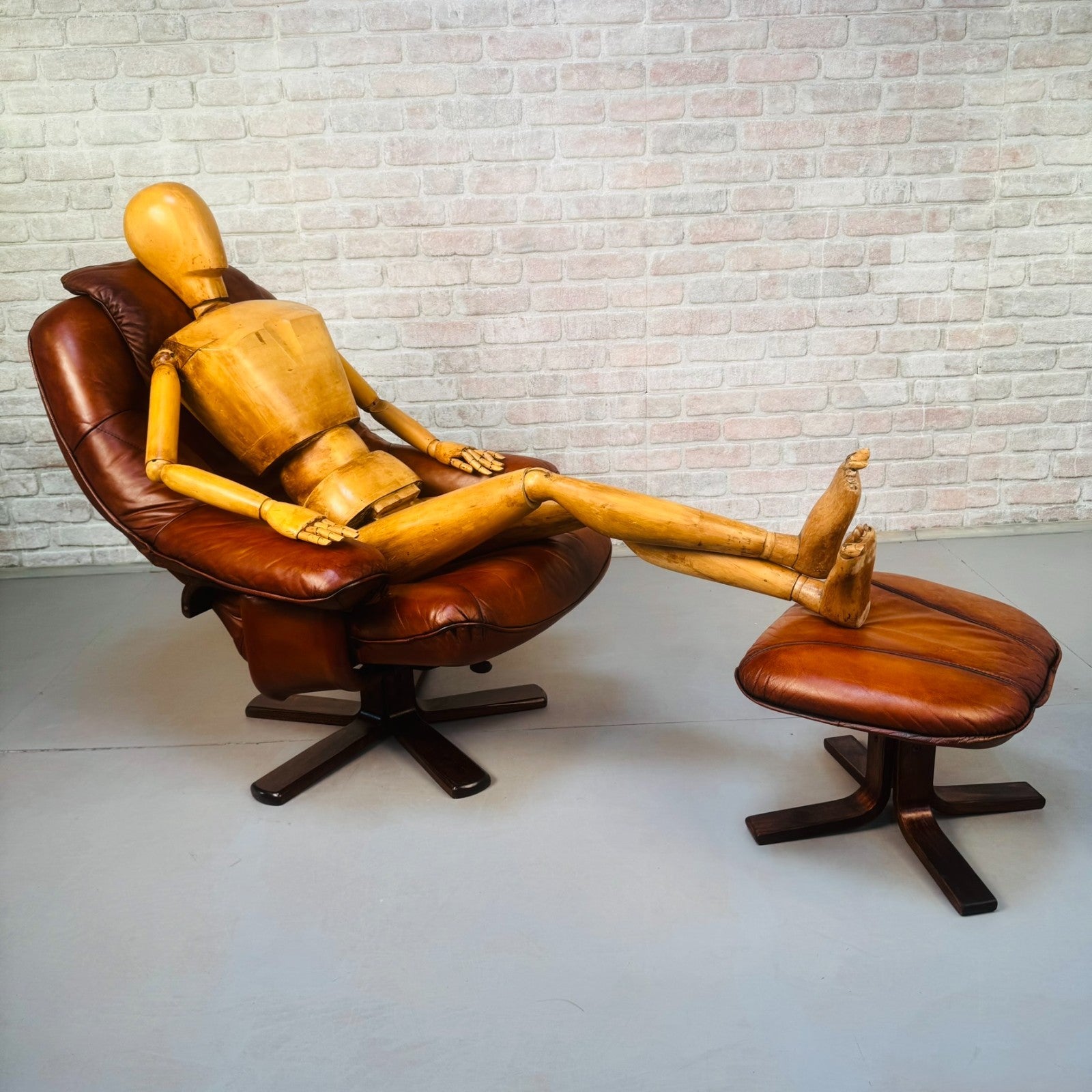 Vintage Danish Tan Leather Reclining Chair & Matching Footstool