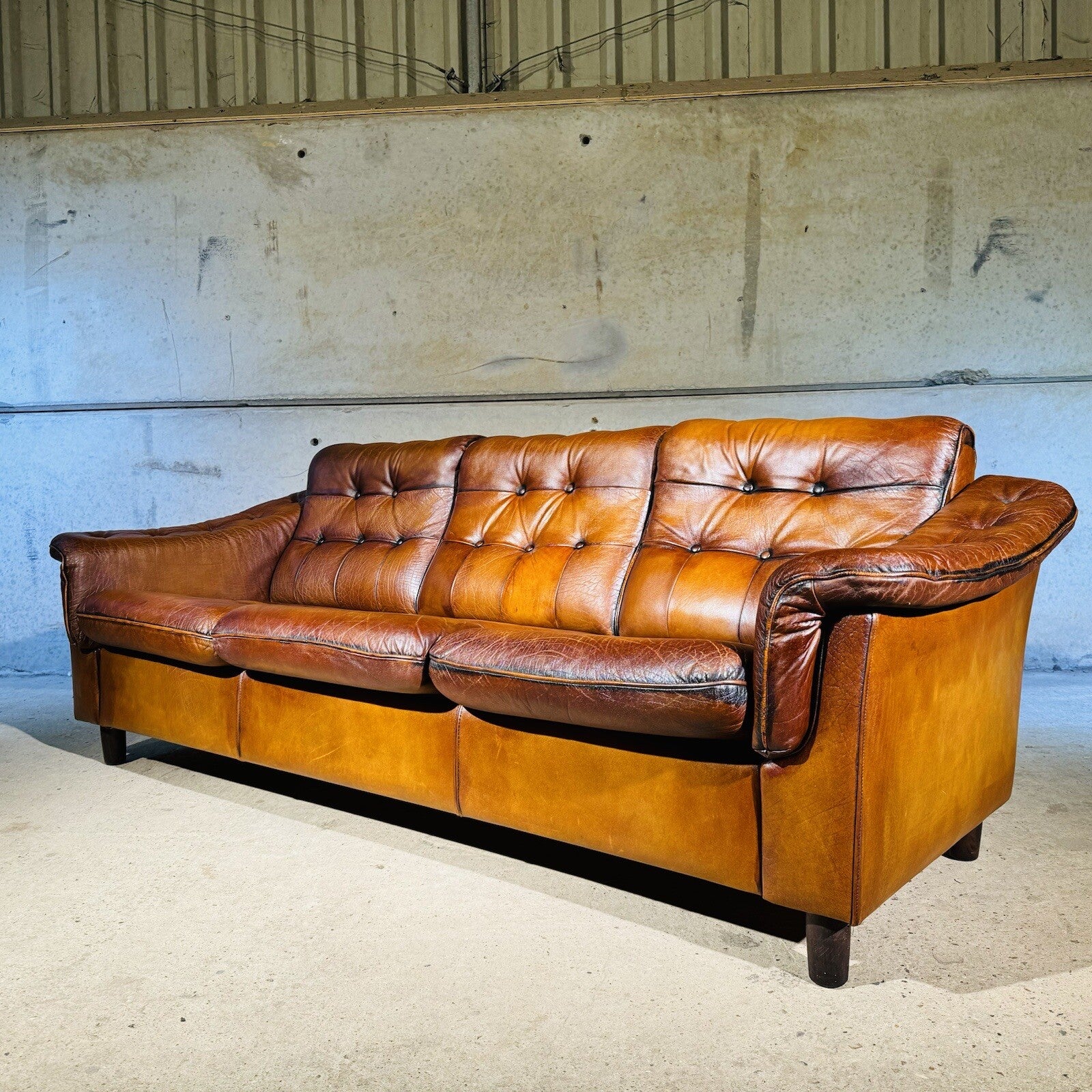 Vintage Danish Three-Seater Sofa - Bull Neck Leather, Hand-Dyed Tan Finish