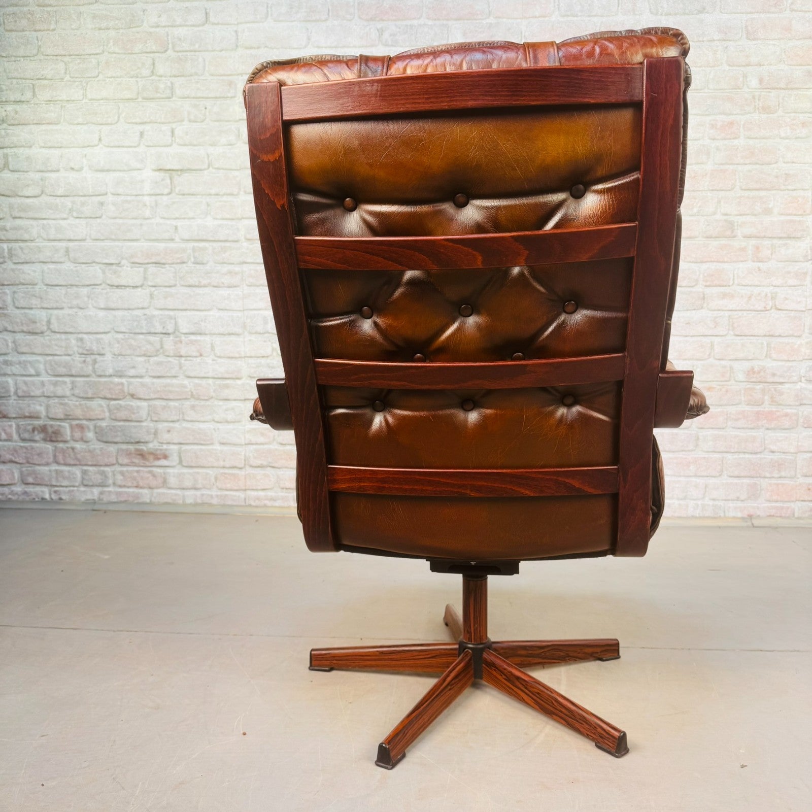 Vintage Scandinavian Tan Leather Swivel Chair